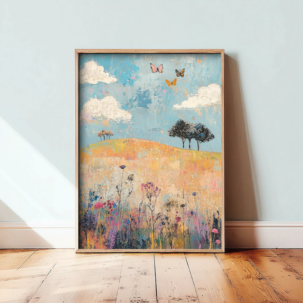 Rolling Hills Landscape Art Print - Butterfly Meadow Poster - Folk Art Painting - Thistle Onyx and Frost 1/3