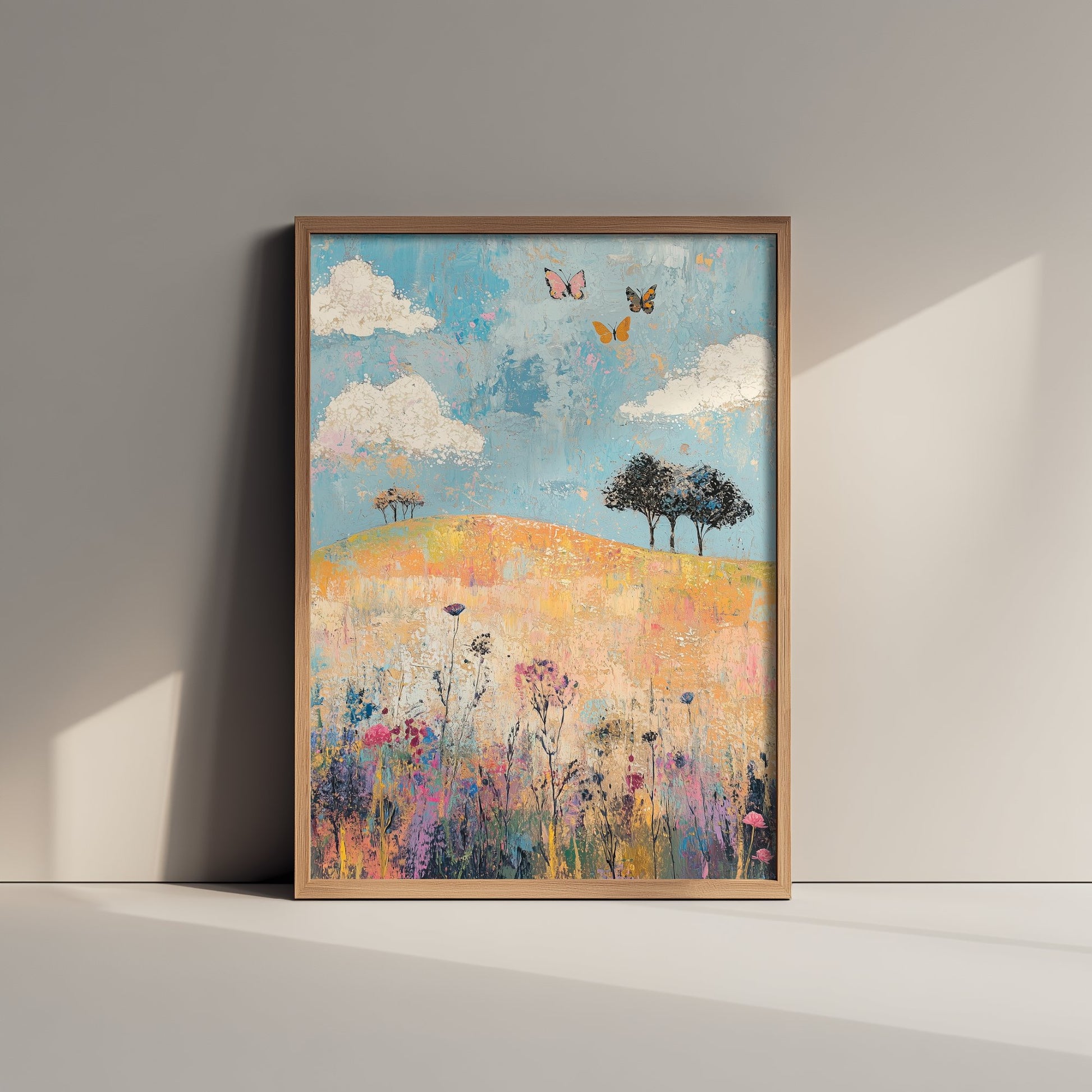 Rolling Hills Landscape Art Print - Butterfly Meadow Poster - Folk Art Painting - Thistle Onyx and Frost 1/3