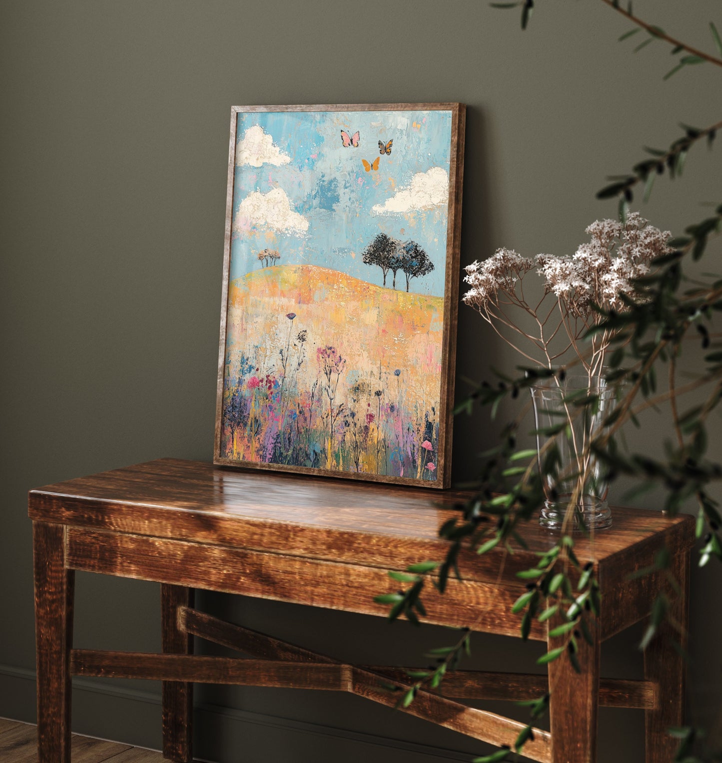 Rolling Hills Landscape Art Print - Butterfly Meadow Poster - Folk Art Painting - Thistle Onyx and Frost 1/3