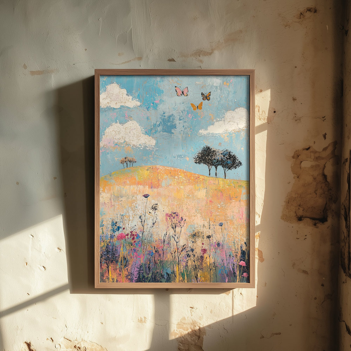 Rolling Hills Landscape Art Print - Butterfly Meadow Poster - Folk Art Painting - Thistle Onyx and Frost 1/3
