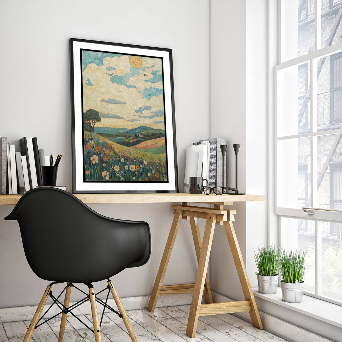 Rolling Hills Landscape Art Print - Butterfly Meadow Poster - Folk Art Painting - Thistle Onyx and Frost 2/3