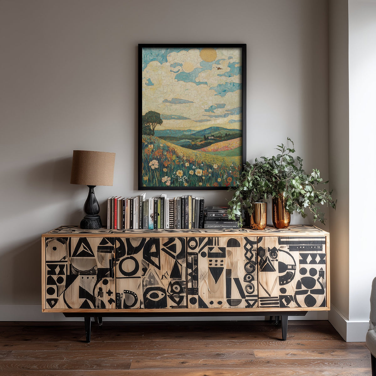 Rolling Hills Landscape Art Print - Butterfly Meadow Poster - Folk Art Painting - Thistle Onyx and Frost 2/3