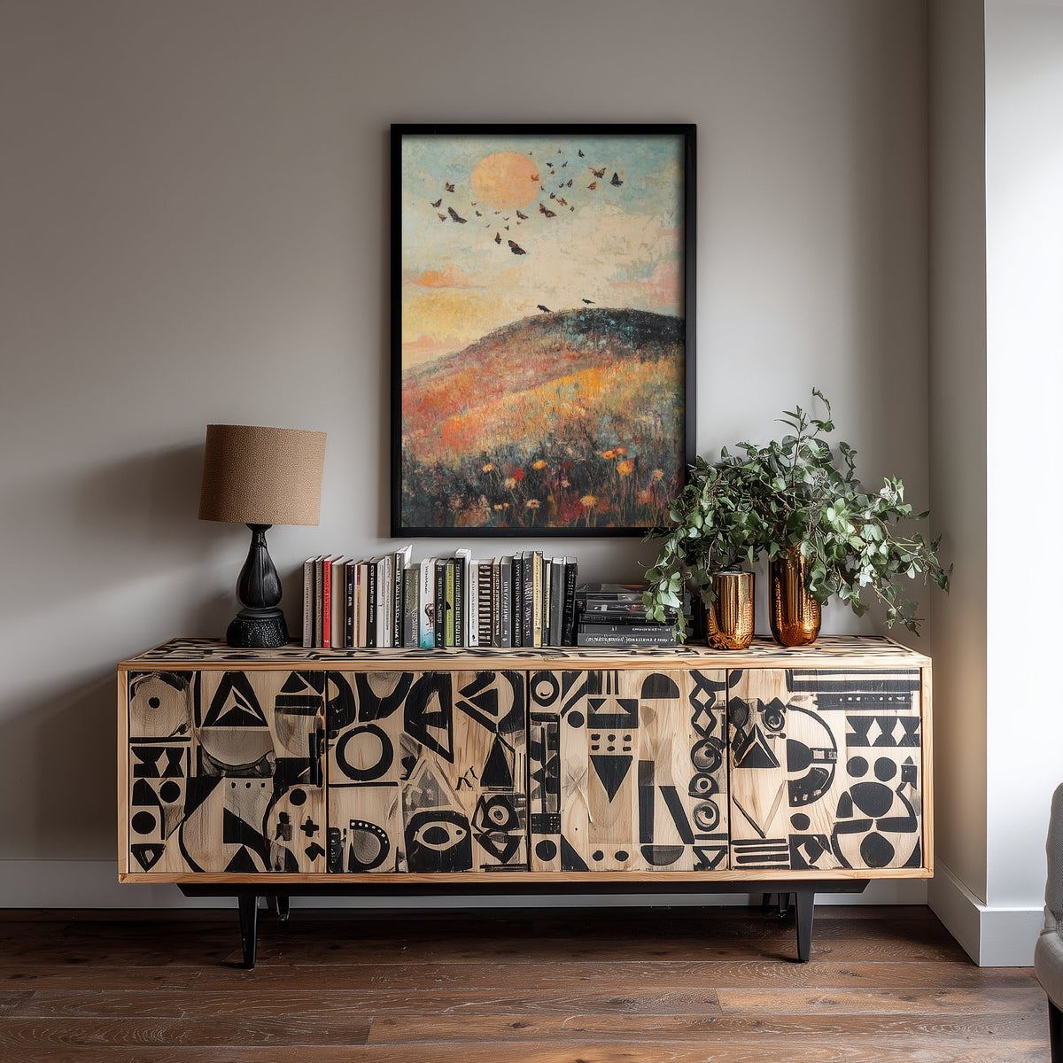 Rolling Hills Landscape Art Print - Butterfly Meadow Poster - Folk Art Painting - Thistle Onyx and Frost 3/3