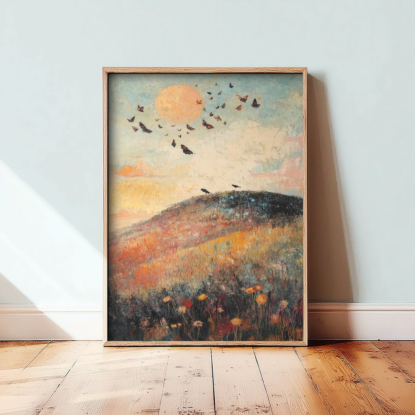 Rolling Hills Landscape Art Print - Butterfly Meadow Poster - Folk Art Painting - Thistle Onyx and Frost 3/3
