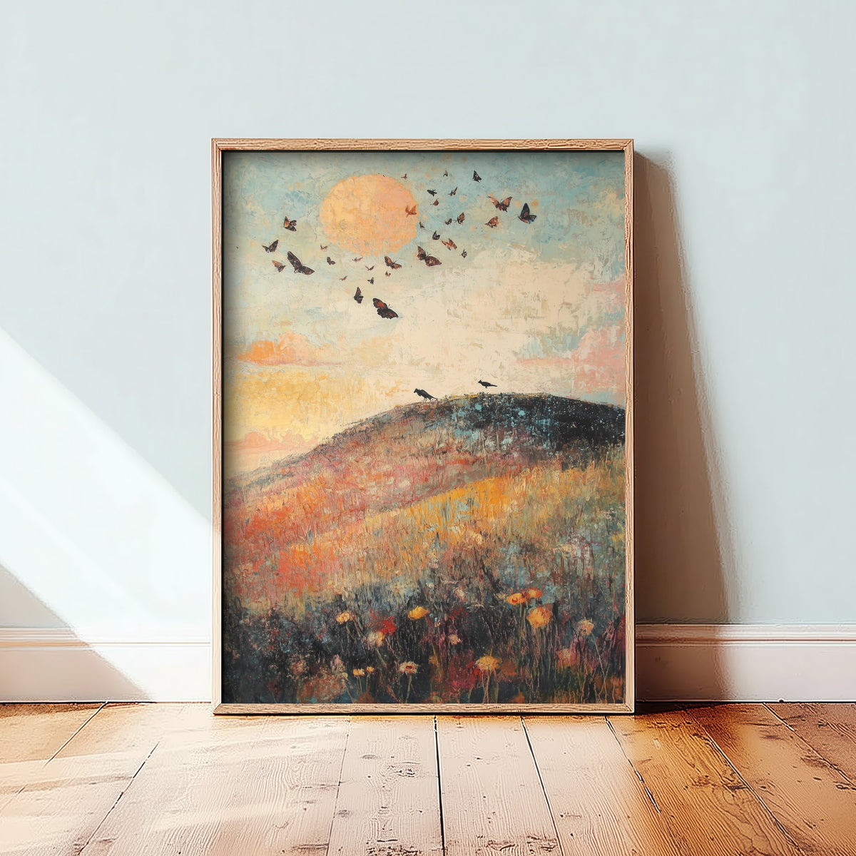 Rolling Hills Landscape Art Print - Butterfly Meadow Poster - Folk Art Painting - Thistle Onyx and Frost 3/3