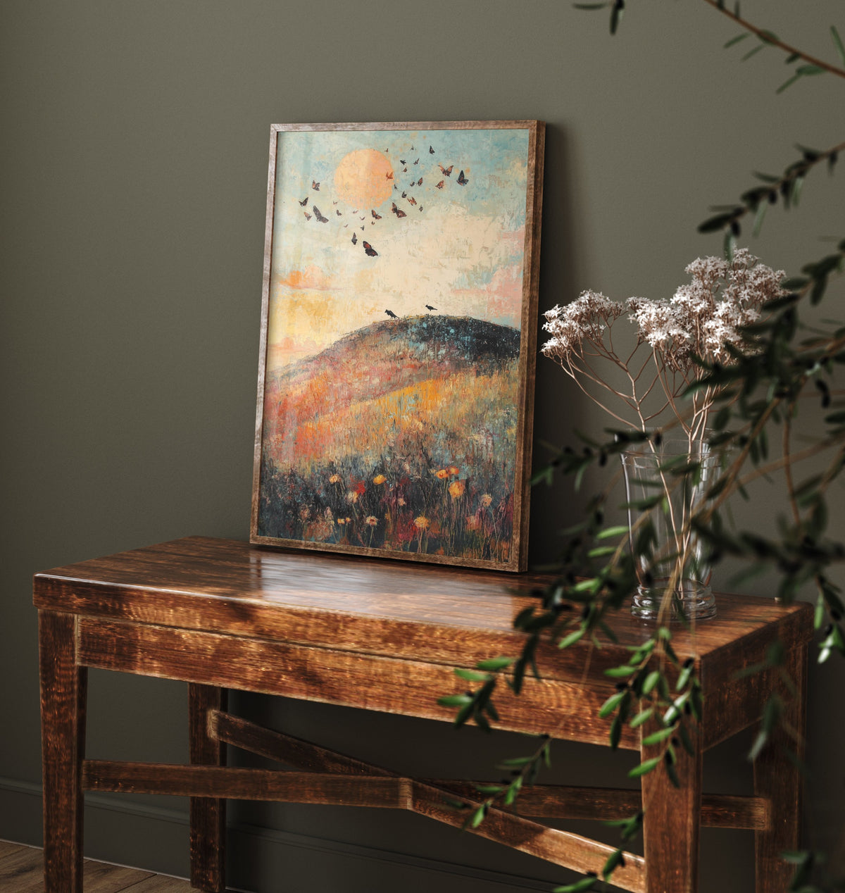 Rolling Hills Landscape Art Print - Butterfly Meadow Poster - Folk Art Painting - Thistle Onyx and Frost 3/3