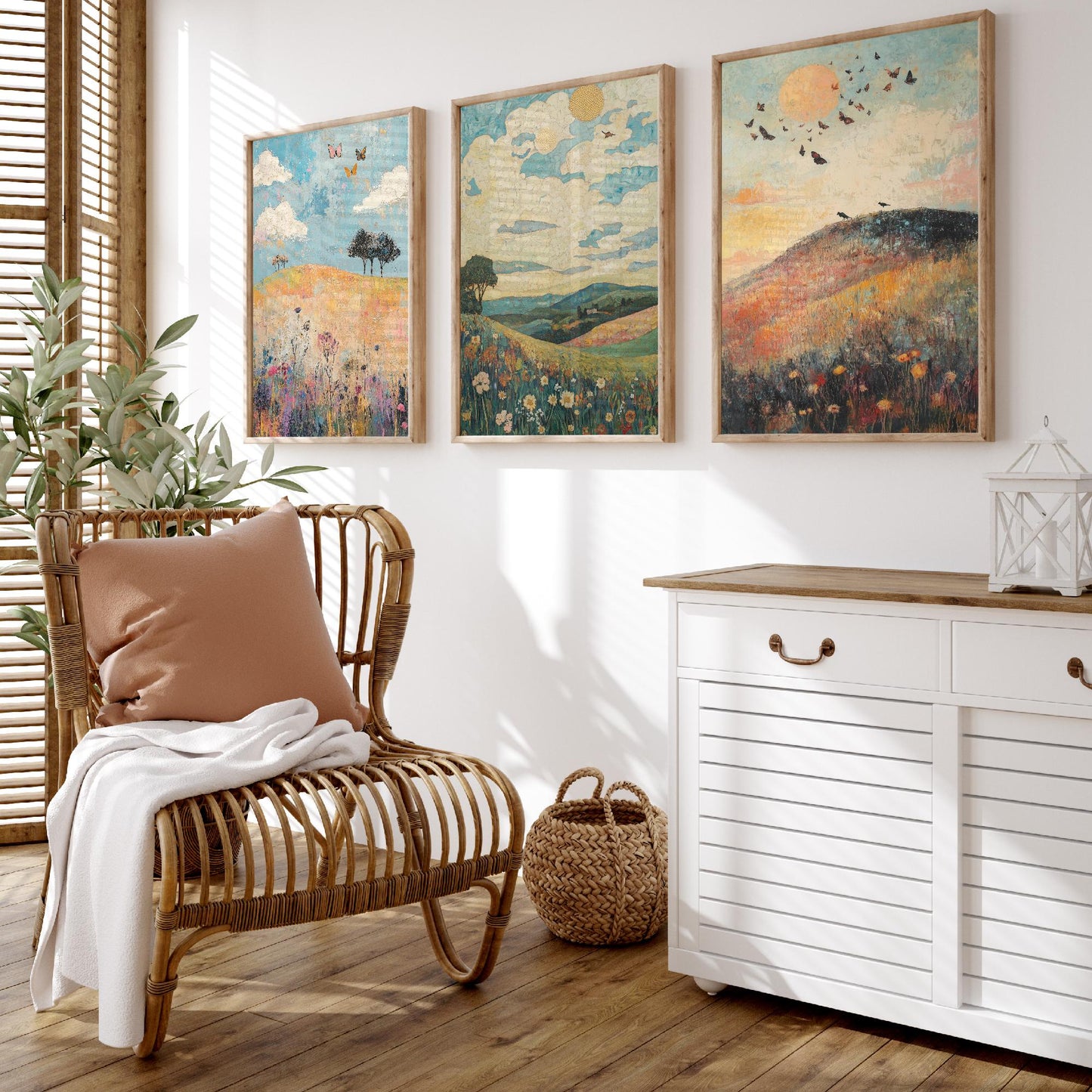 Rolling Hills Butterfly Set of Three Art Prints - Thistle Onyx and Frost - Folk Meadow Poster Illustration Gift