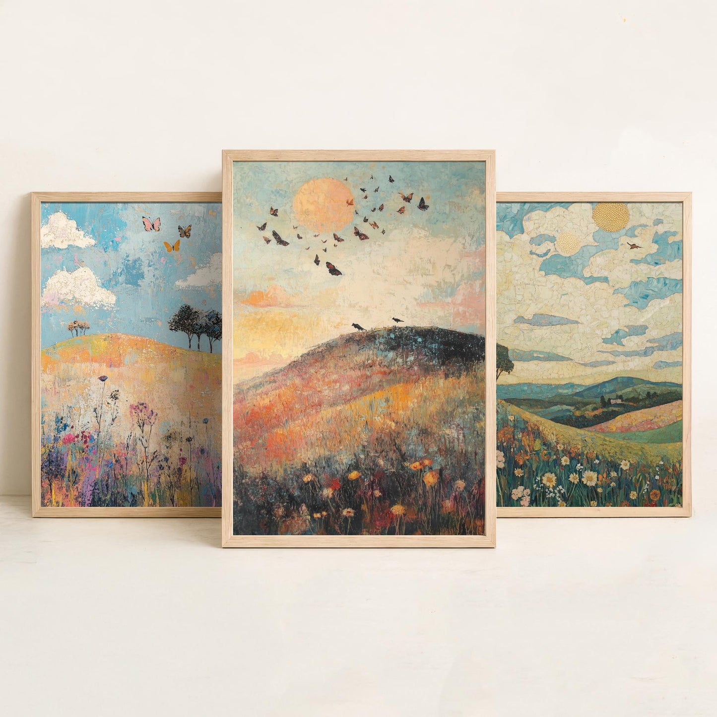 Rolling Hills Butterfly Set of Three Art Prints - Thistle Onyx and Frost - Folk Meadow Poster Illustration Gift