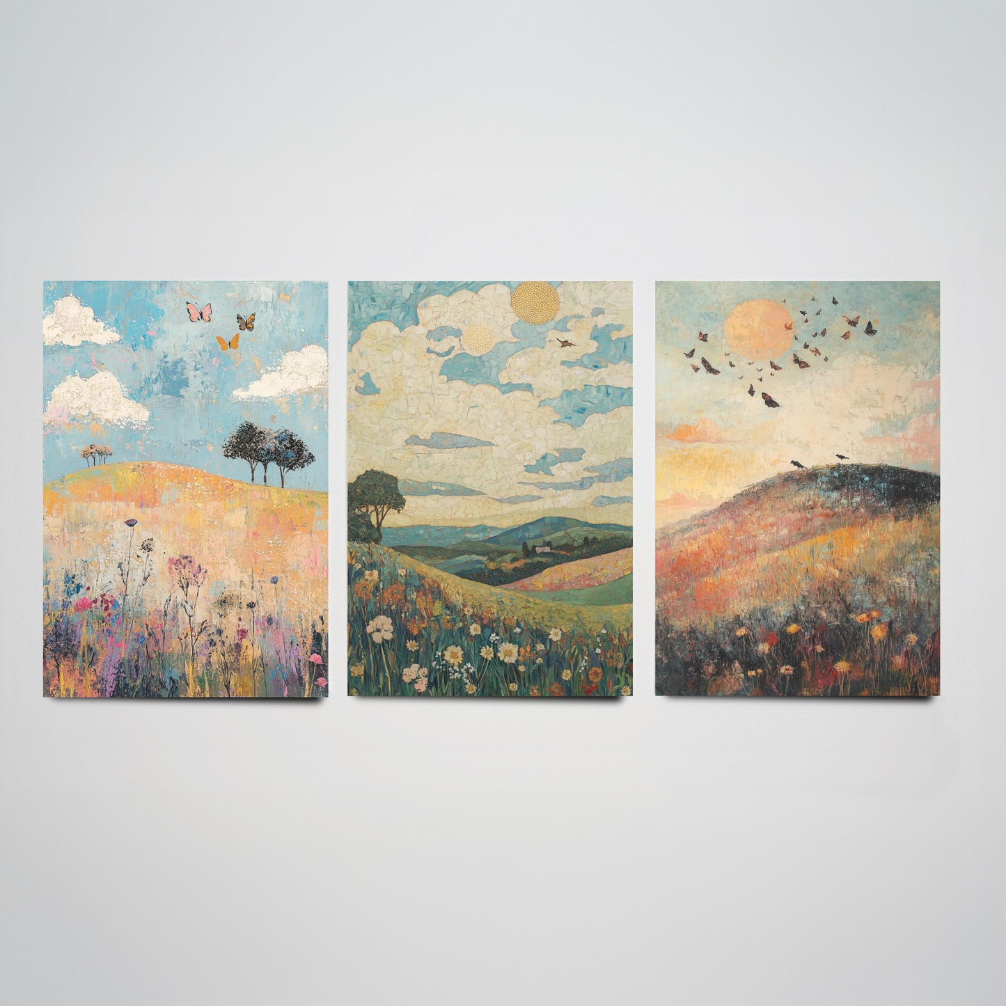 Rolling Hills Butterfly Set of Three Art Prints - Thistle Onyx and Frost - Folk Meadow Poster Illustration Gift