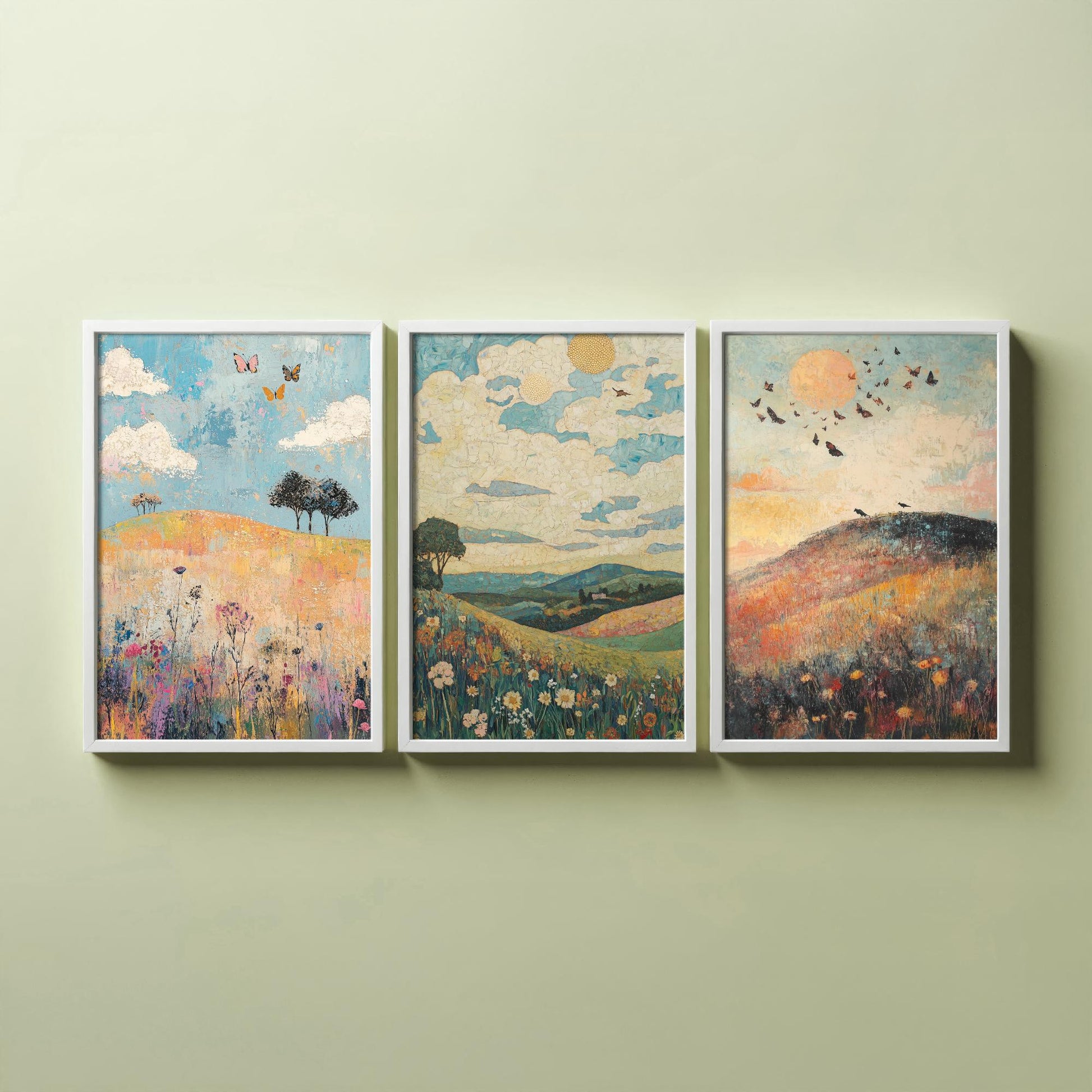 Rolling Hills Butterfly Set of Three Art Prints - Thistle Onyx and Frost - Folk Meadow Poster Illustration Gift