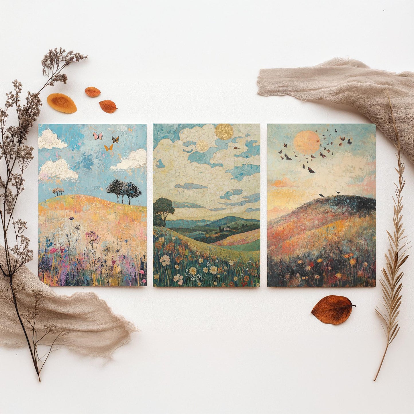 Rolling Hills Butterfly Set of Three Art Prints - Thistle Onyx and Frost - Folk Meadow Poster Illustration Gift