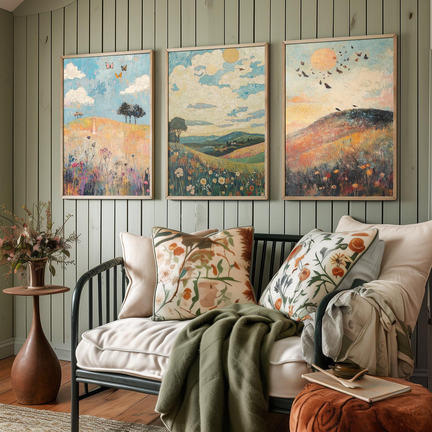 Rolling Hills Butterfly Set of Three Art Prints - Thistle Onyx and Frost - Folk Meadow Poster Illustration Gift
