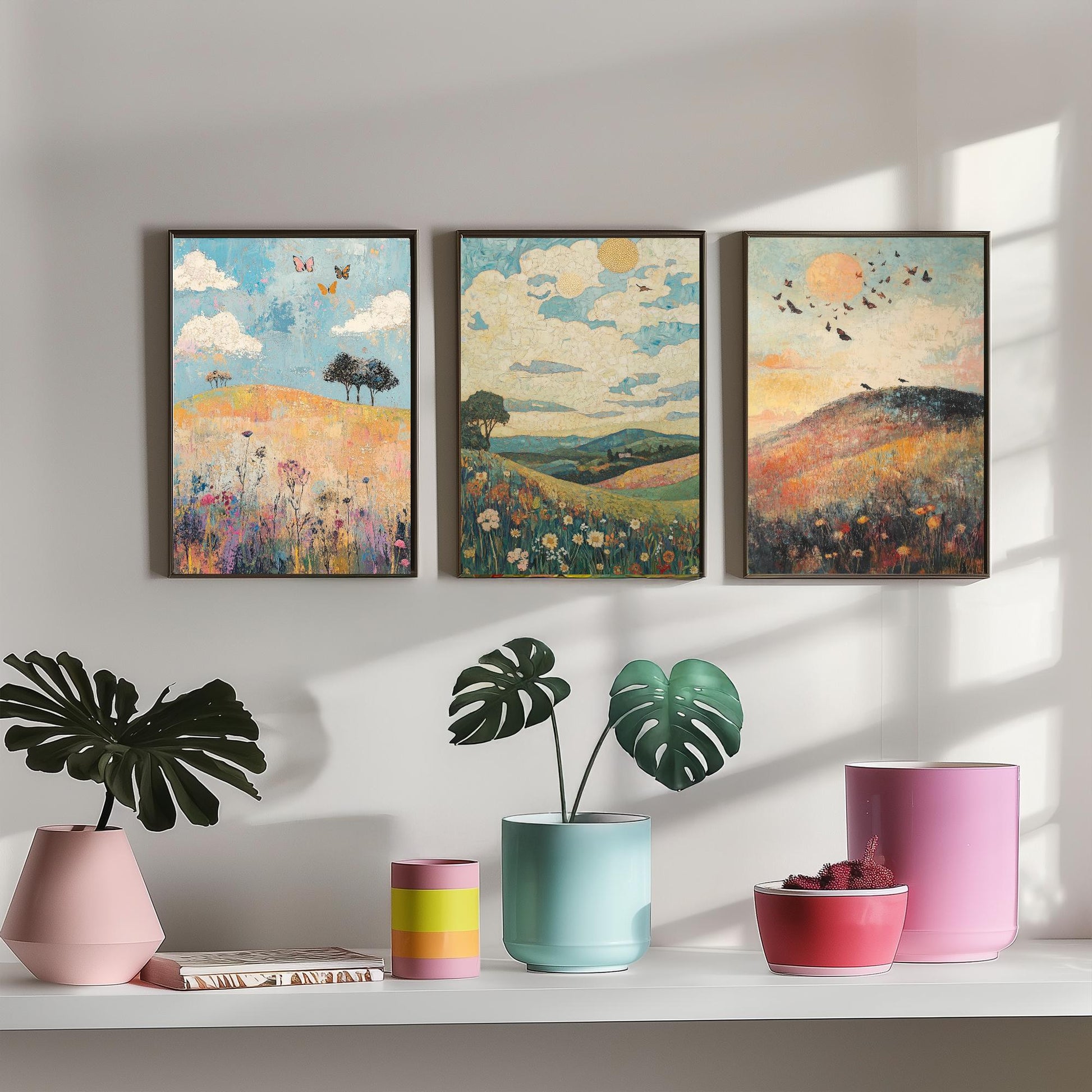 Rolling Hills Butterfly Set of Three Art Prints - Thistle Onyx and Frost - Folk Meadow Poster Illustration Gift