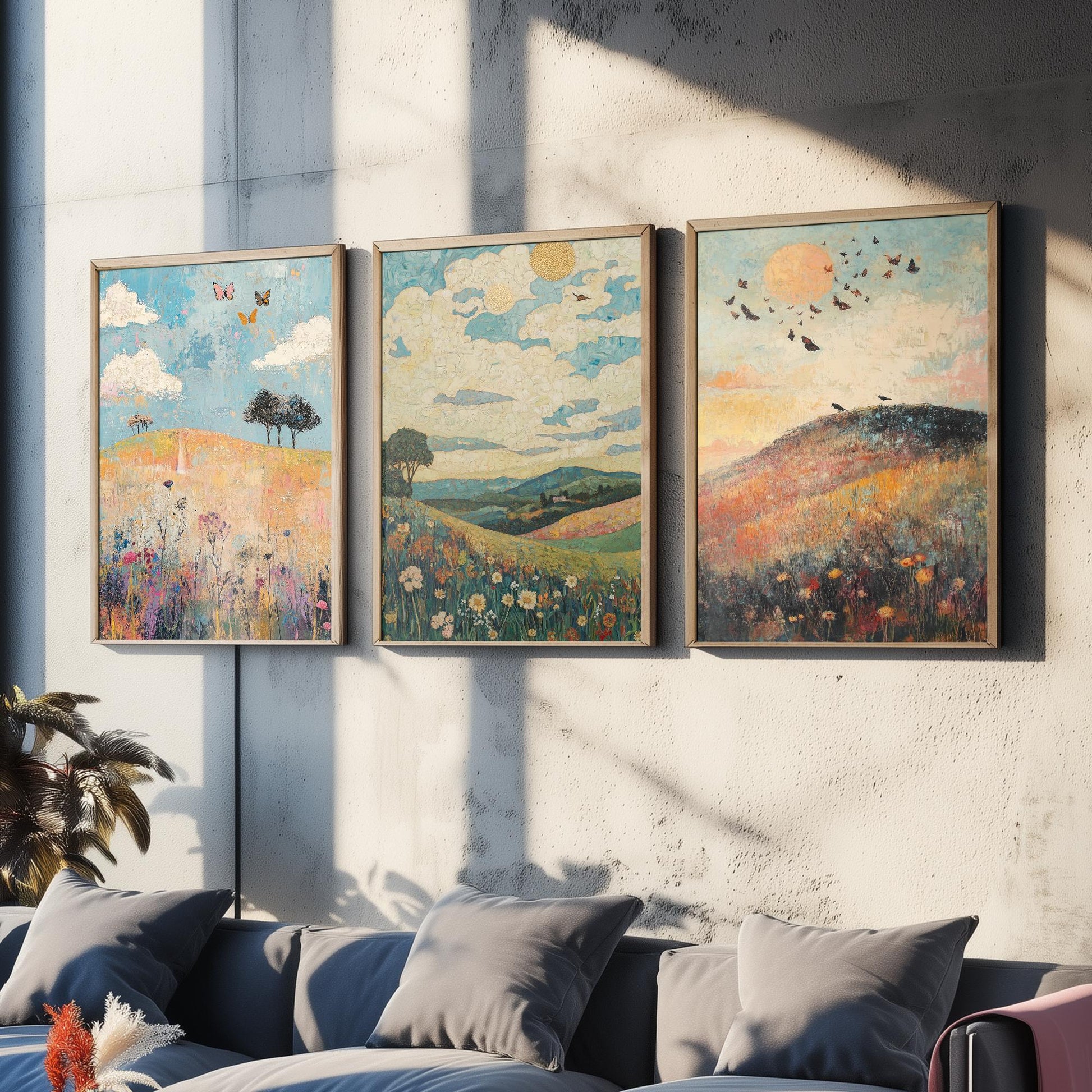 Rolling Hills Butterfly Set of Three Art Prints - Thistle Onyx and Frost - Folk Meadow Poster Illustration Gift