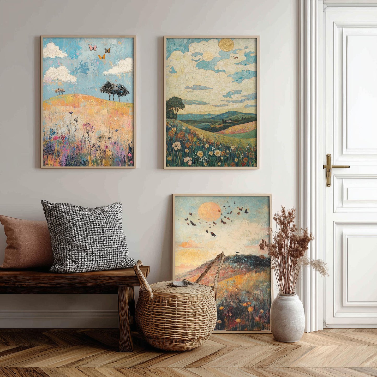 Rolling Hills Butterfly Set of Three Art Prints - Thistle Onyx and Frost - Folk Meadow Poster Illustration Gift