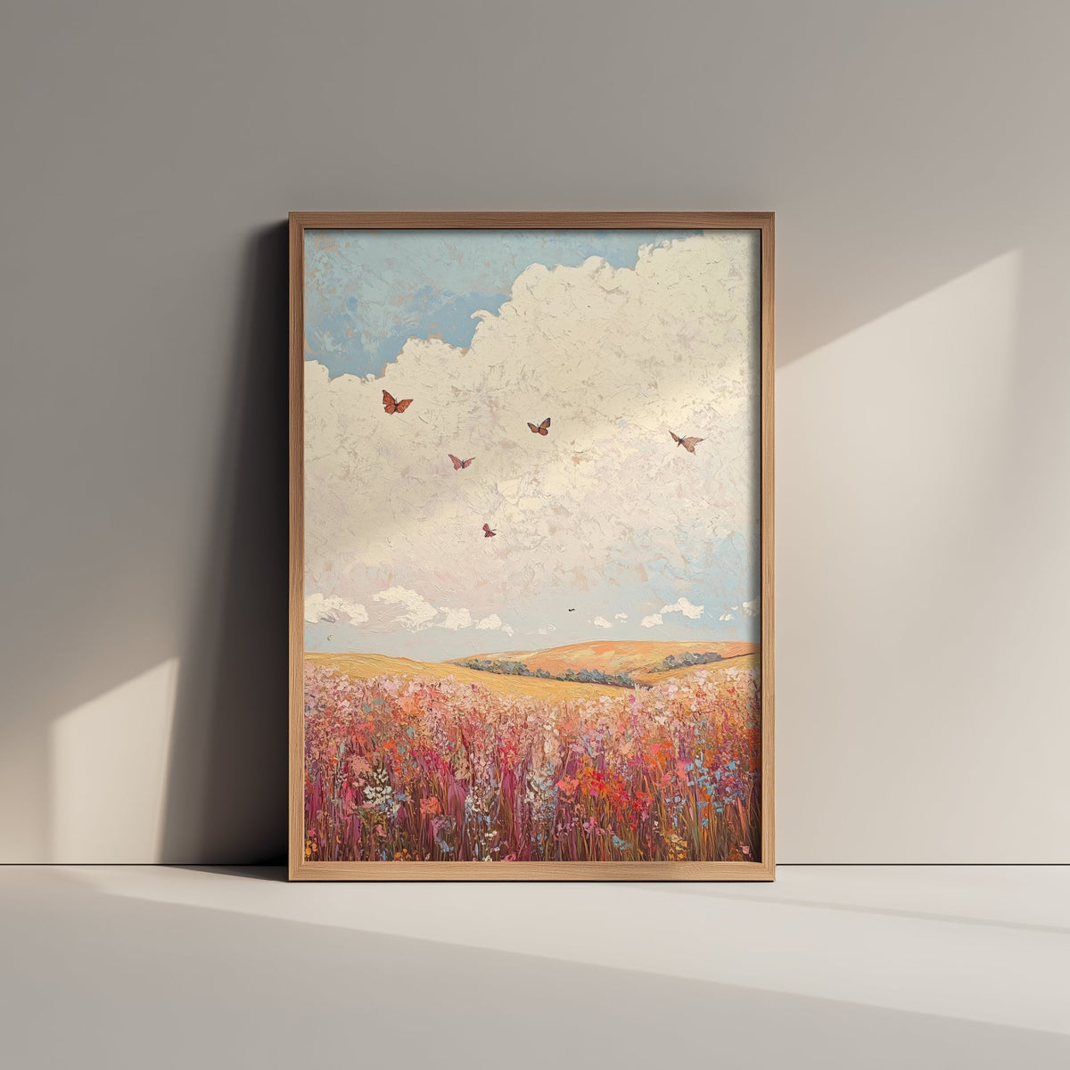 Rolling Hills Landscape Art Print - Butterfly Meadow Poster - Folk Art Painting - Topaz Mauve and Cloud 1/3