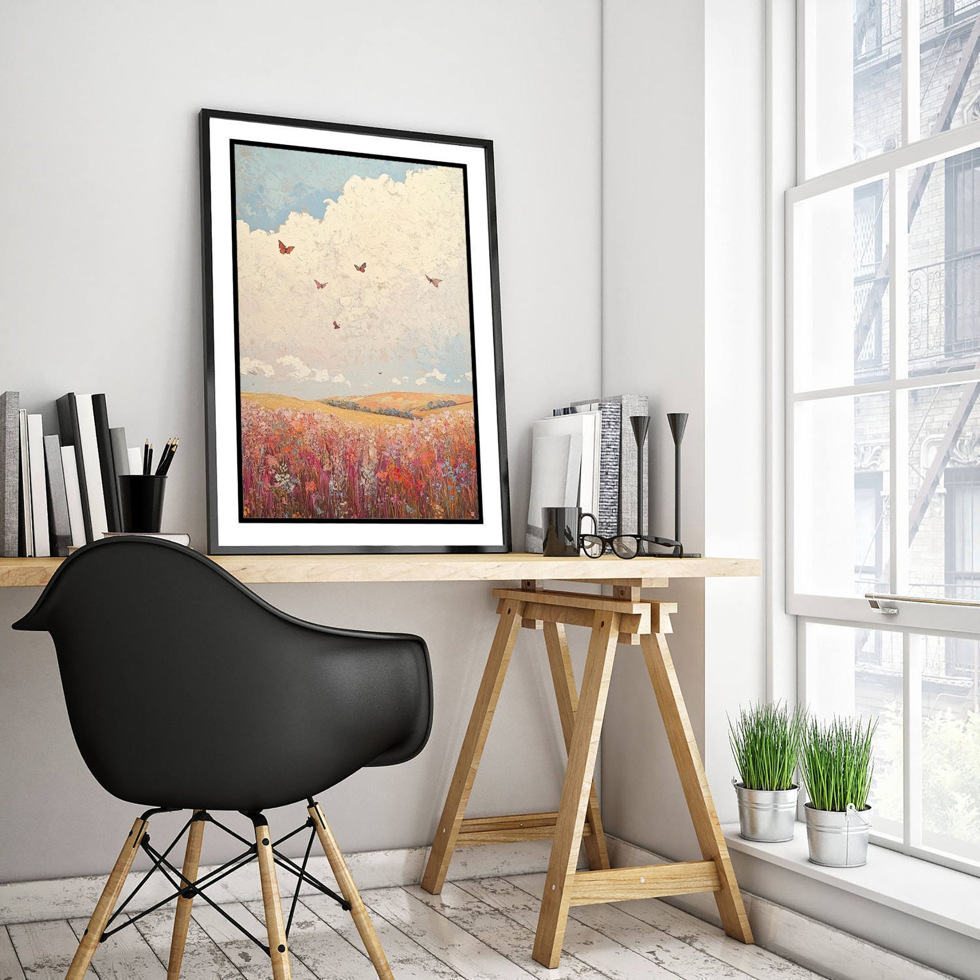 Rolling Hills Landscape Art Print - Butterfly Meadow Poster - Folk Art Painting - Topaz Mauve and Cloud 1/3