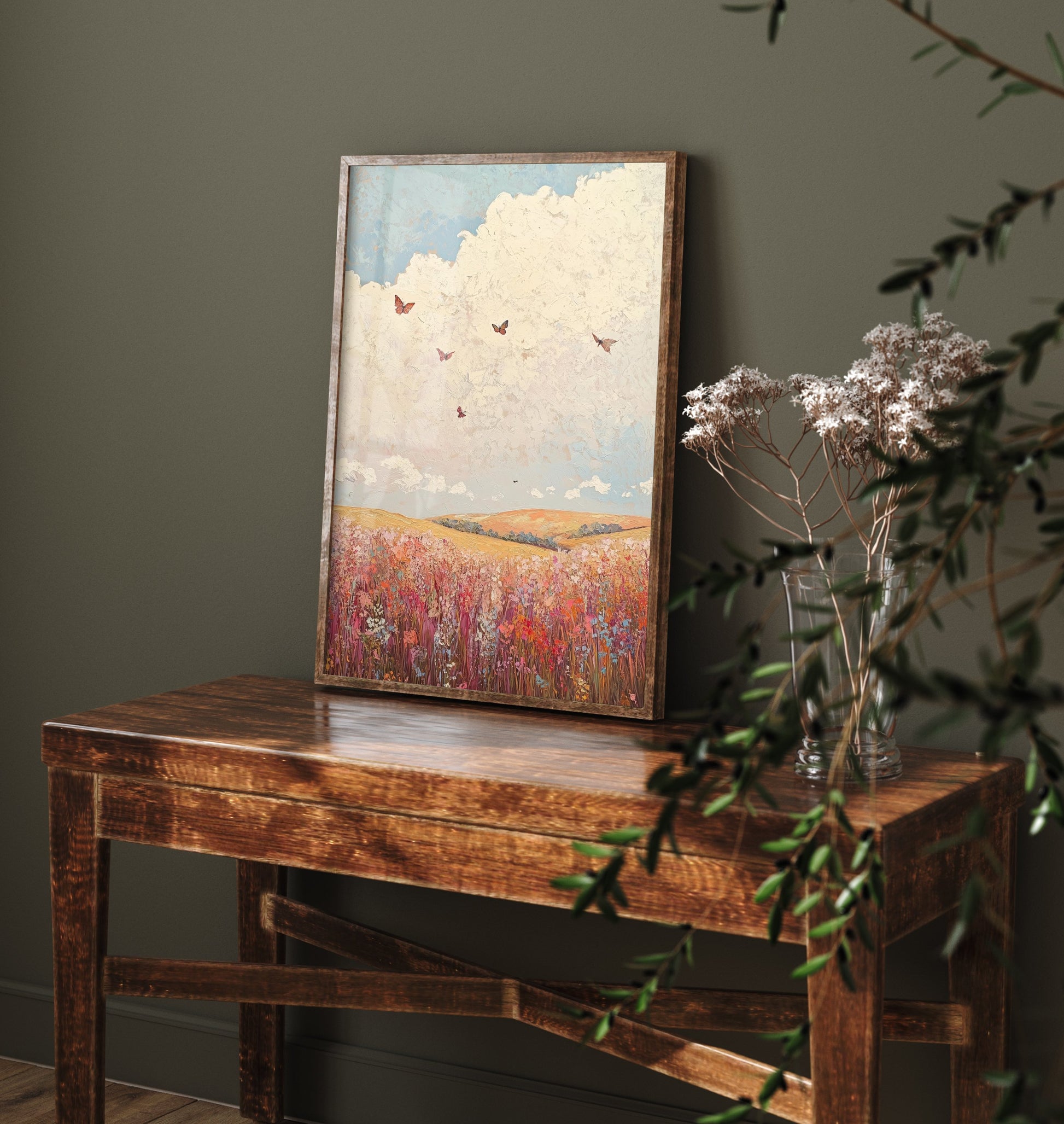 Rolling Hills Landscape Art Print - Butterfly Meadow Poster - Folk Art Painting - Topaz Mauve and Cloud 1/3
