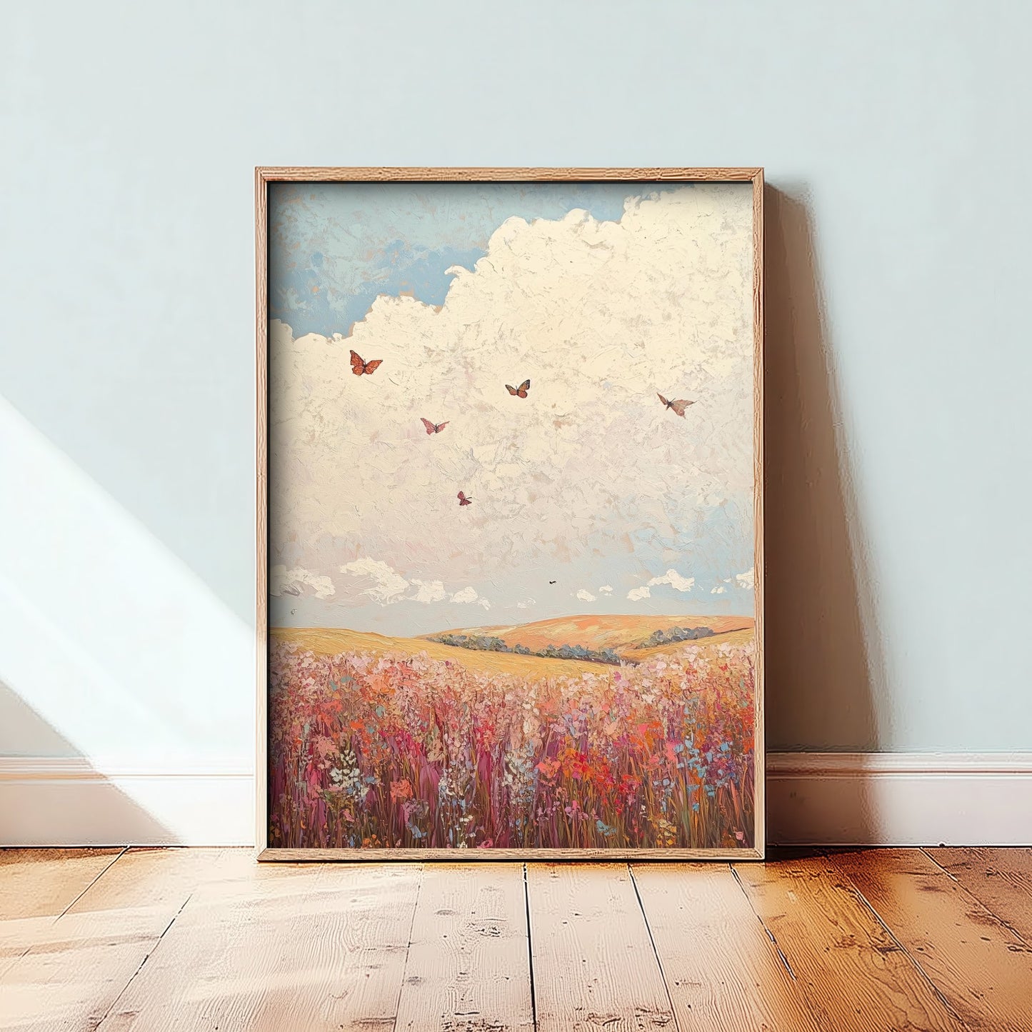 Rolling Hills Landscape Art Print - Butterfly Meadow Poster - Folk Art Painting - Topaz Mauve and Cloud 1/3