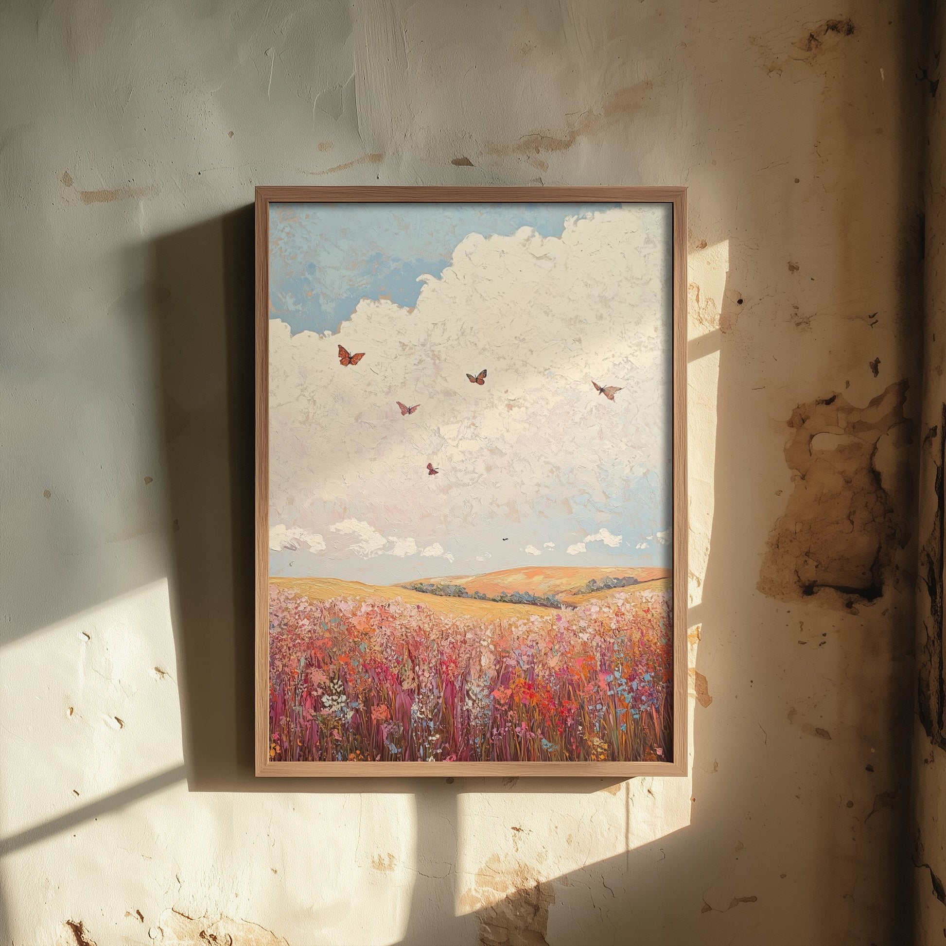 Rolling Hills Landscape Art Print - Butterfly Meadow Poster - Folk Art Painting - Topaz Mauve and Cloud 1/3