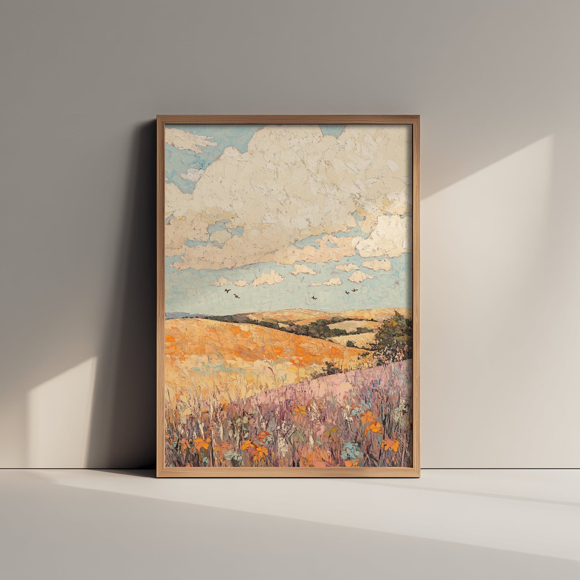 Rolling Hills Landscape Art Print - Butterfly Meadow Poster - Folk Art Painting - Topaz Mauve and Cloud 2/3