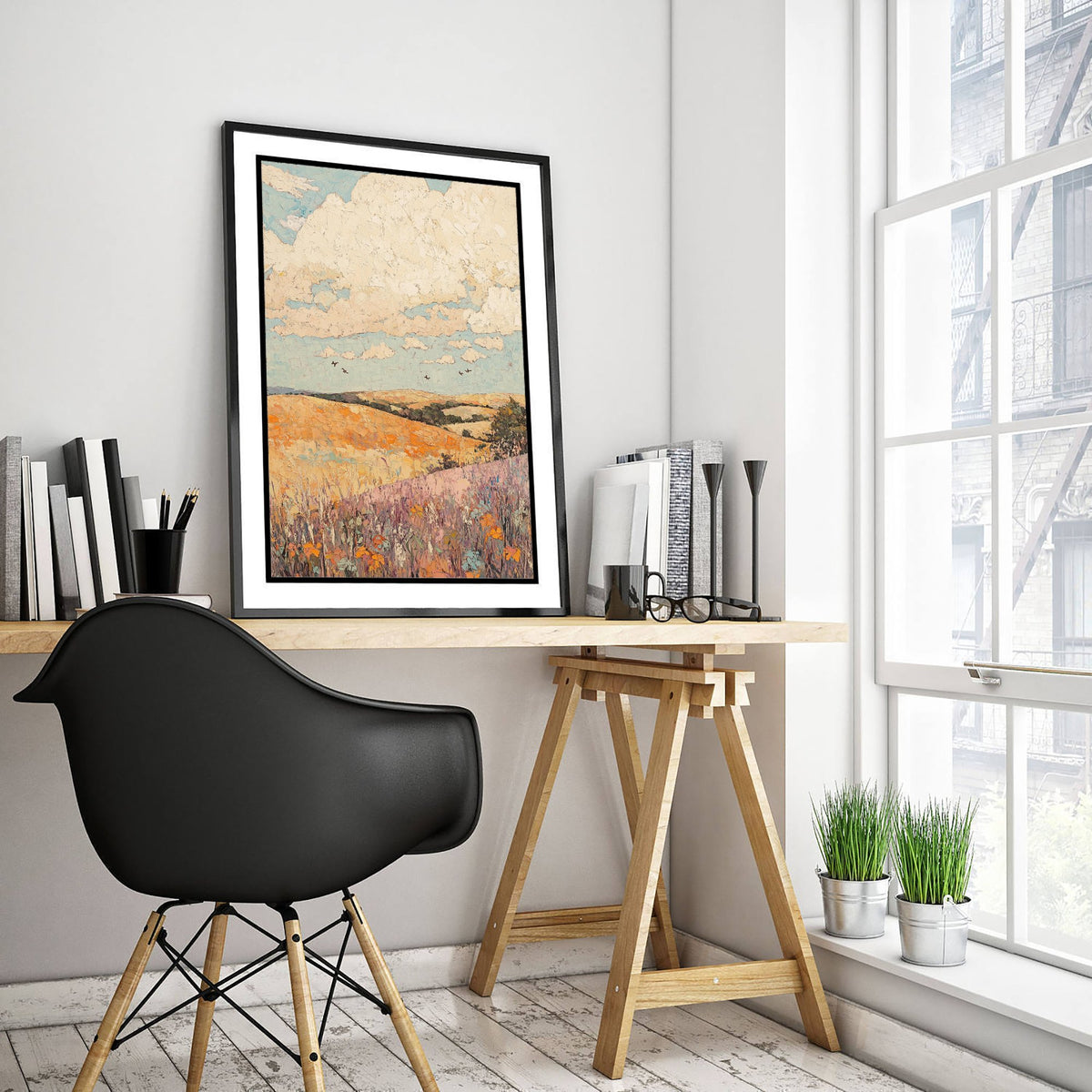 Rolling Hills Landscape Art Print - Butterfly Meadow Poster - Folk Art Painting - Topaz Mauve and Cloud 2/3