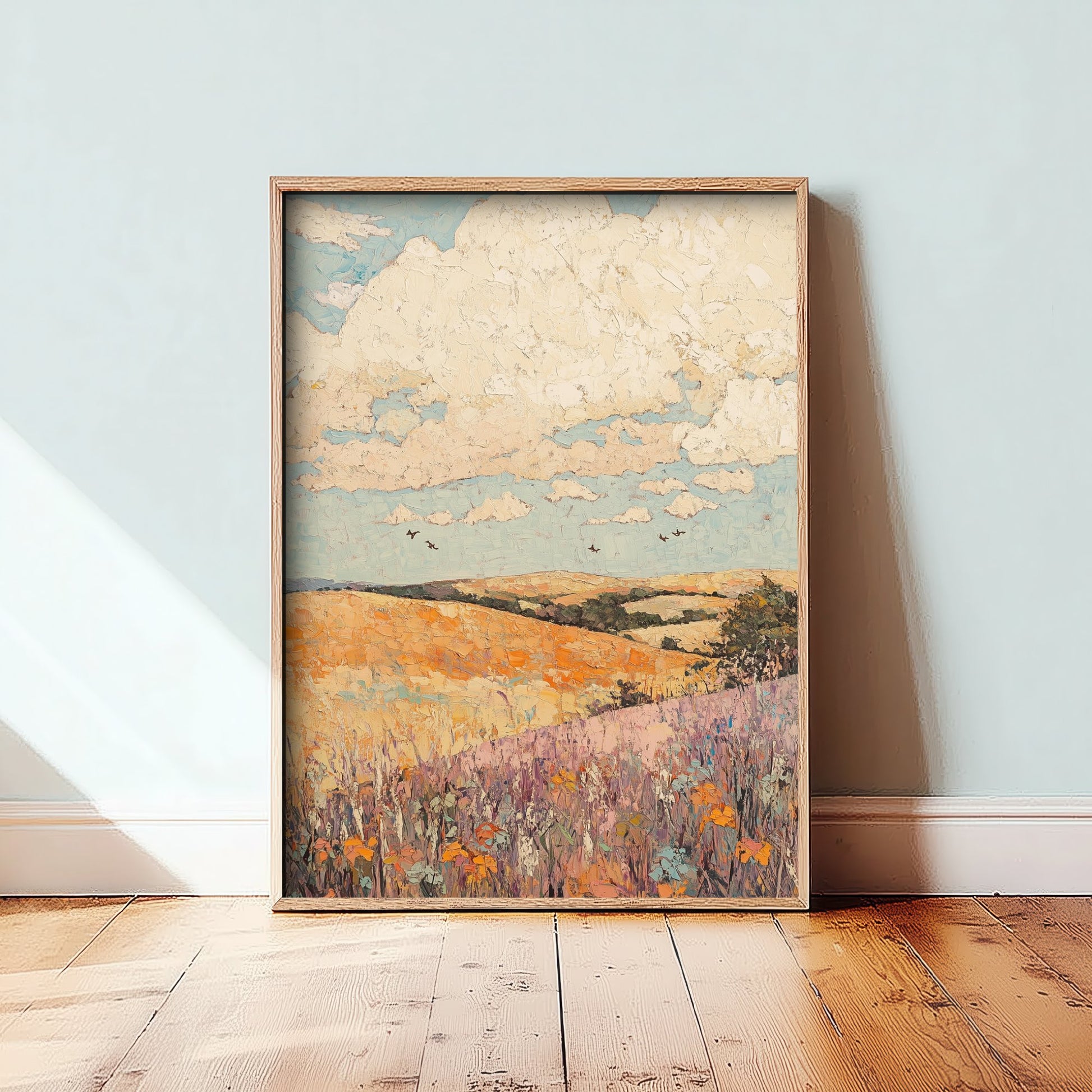 Rolling Hills Landscape Art Print - Butterfly Meadow Poster - Folk Art Painting - Topaz Mauve and Cloud 2/3