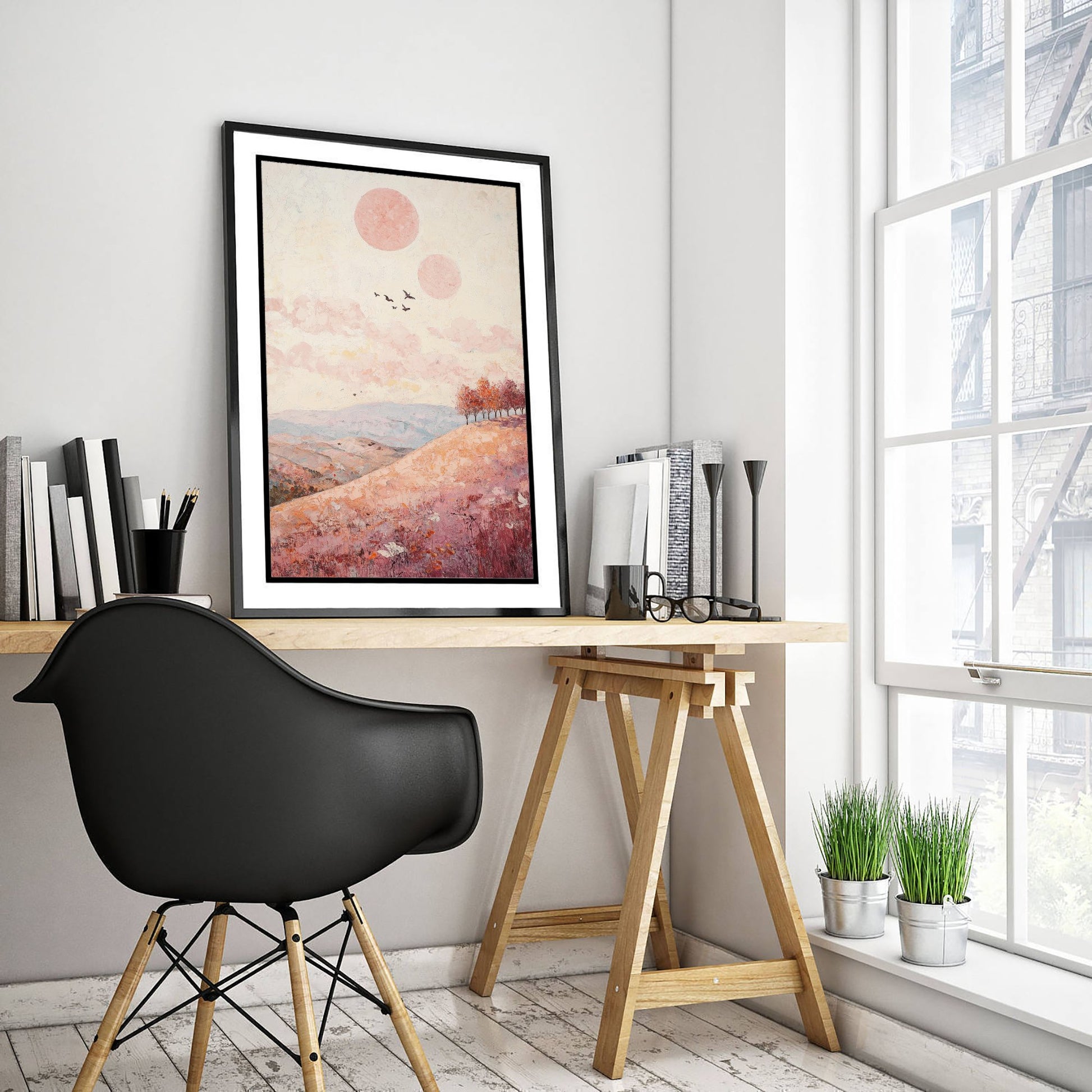 Rolling Hills Landscape Art Print - Butterfly Meadow Poster - Folk Art Painting - Topaz Mauve and Cloud 3/3