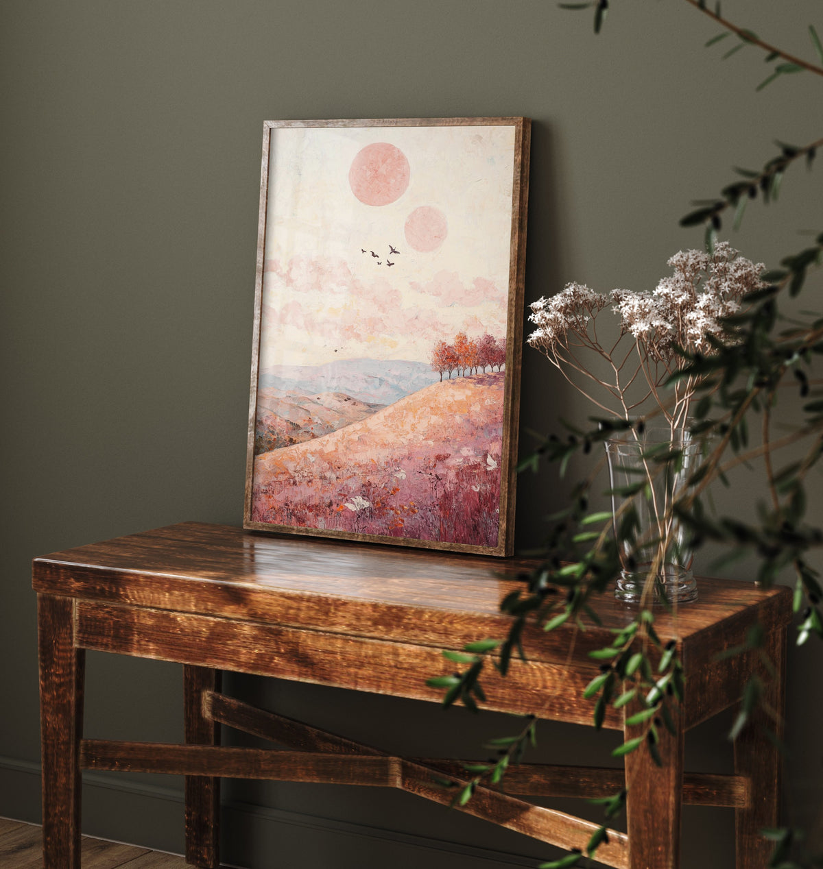 Rolling Hills Landscape Art Print - Butterfly Meadow Poster - Folk Art Painting - Topaz Mauve and Cloud 3/3