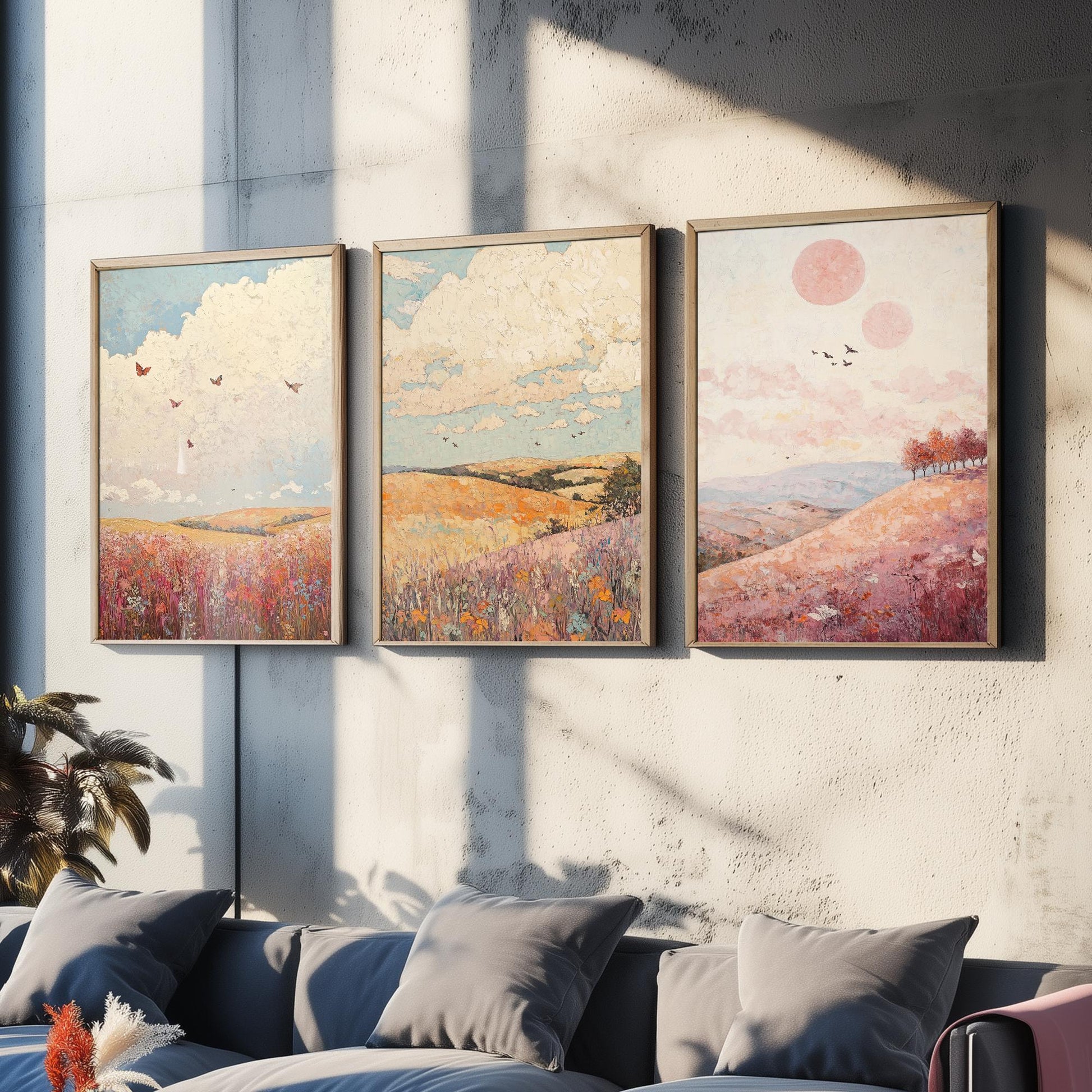 Rolling Hills Butterfly Set of Three Art Prints - Topaz Mauve and Cloud - Folk Meadow Poster Illustration Gift