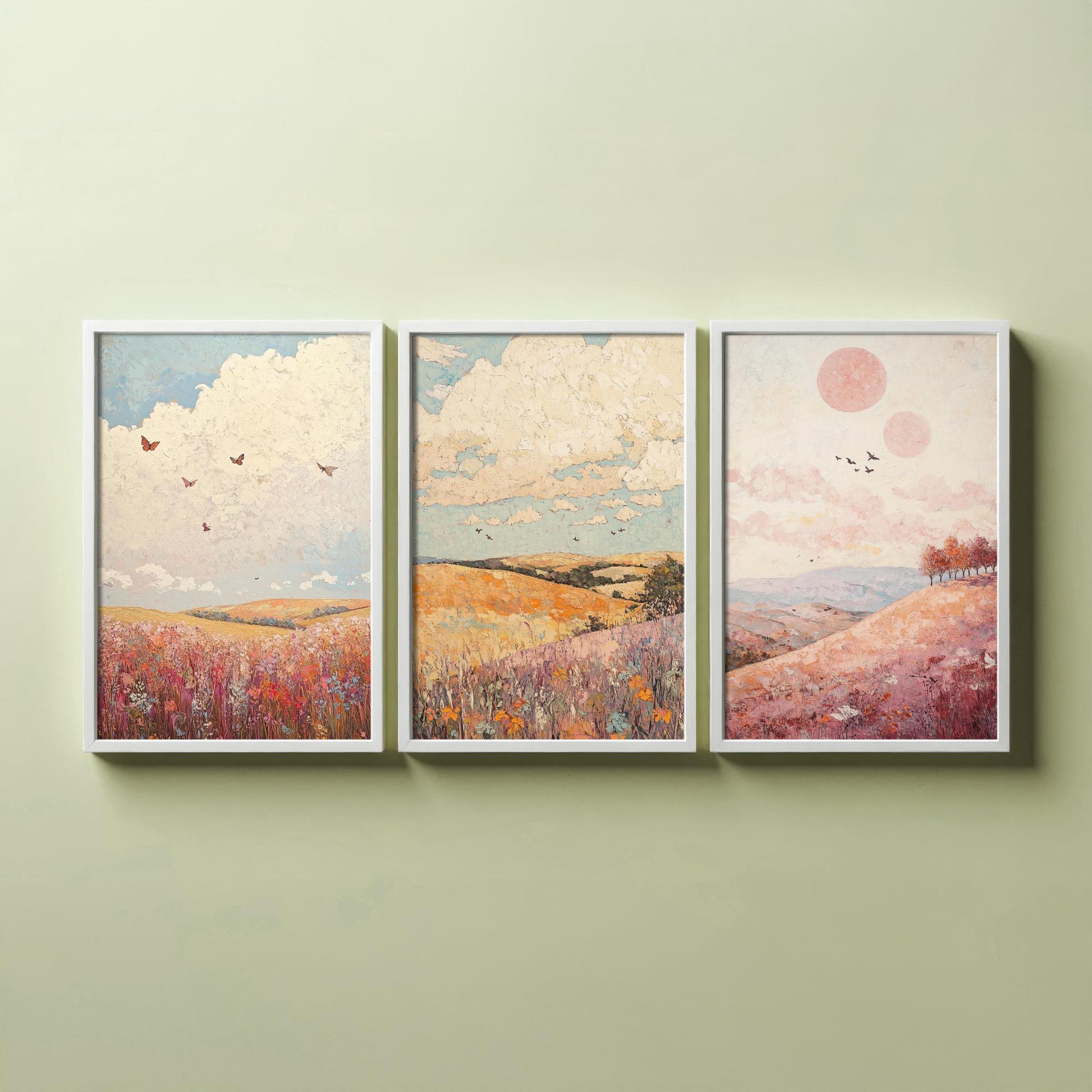 Rolling Hills Butterfly Set of Three Art Prints - Topaz Mauve and Cloud - Folk Meadow Poster Illustration Gift