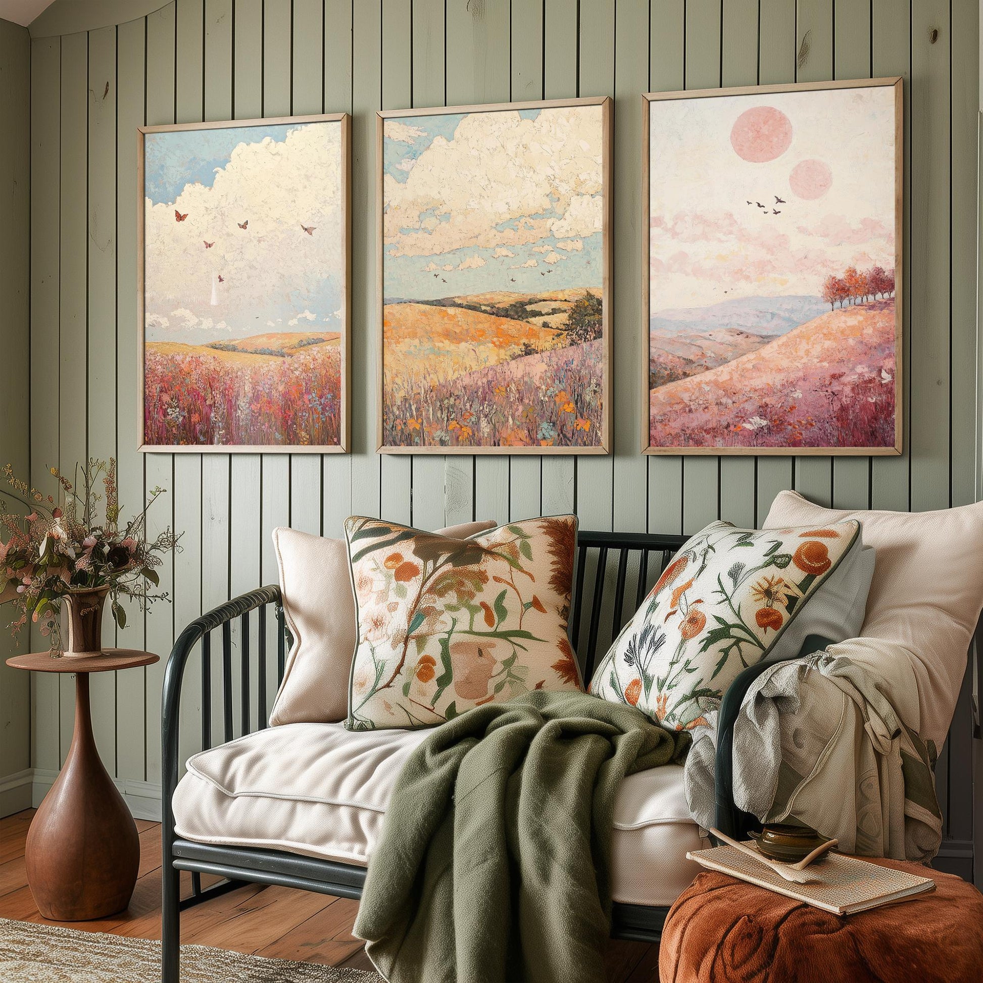 Rolling Hills Butterfly Set of Three Art Prints - Topaz Mauve and Cloud - Folk Meadow Poster Illustration Gift