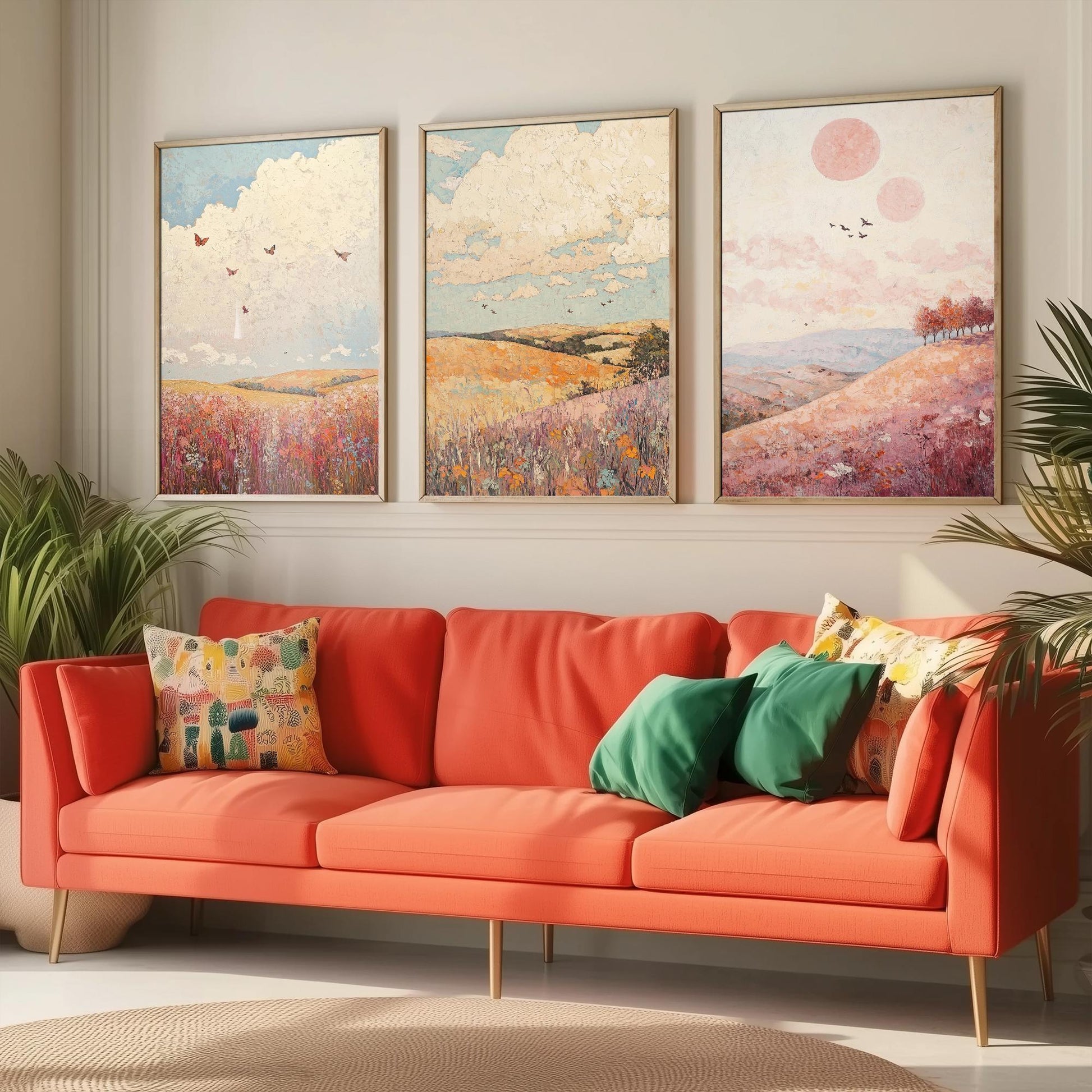 Rolling Hills Butterfly Set of Three Art Prints - Topaz Mauve and Cloud - Folk Meadow Poster Illustration Gift
