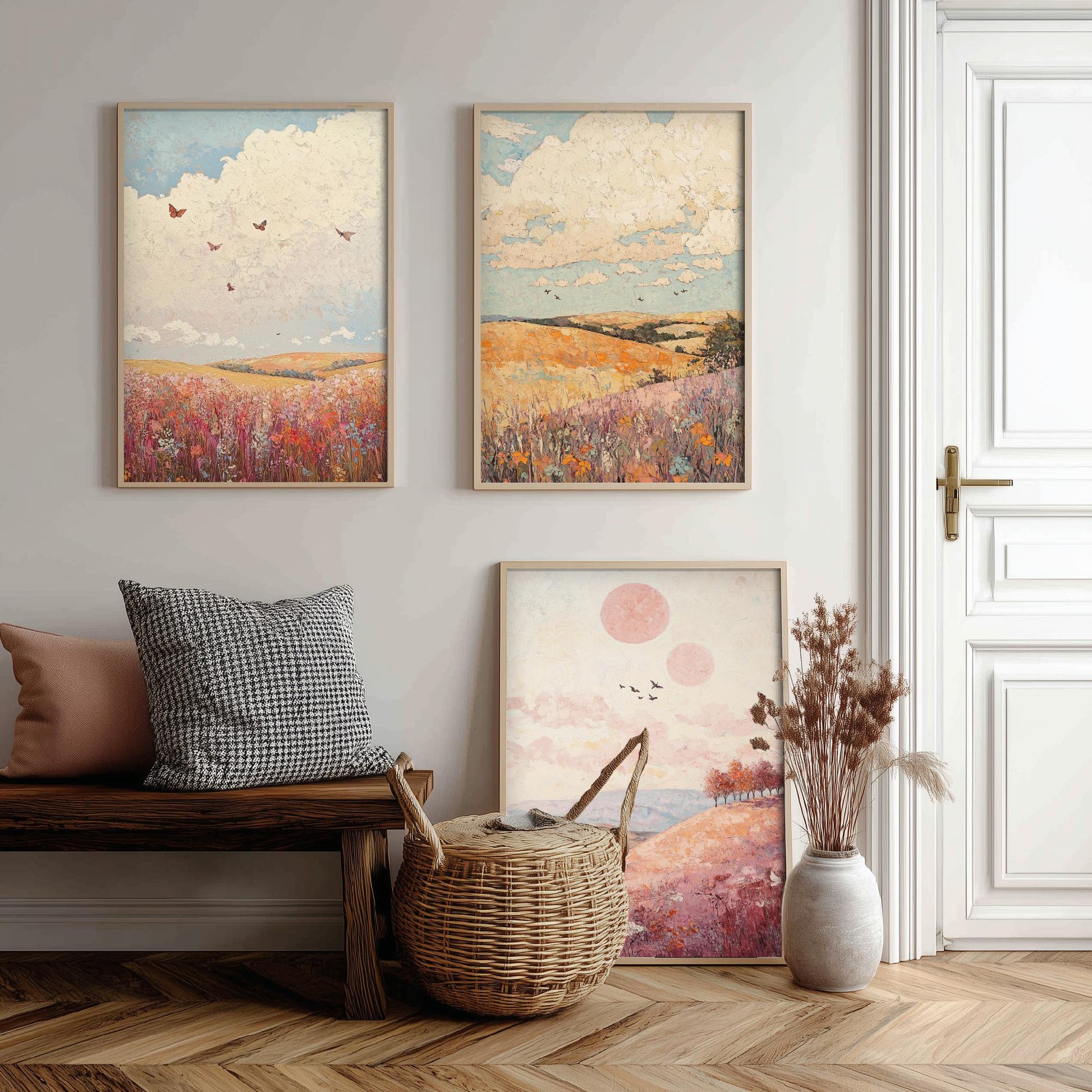 Rolling Hills Butterfly Set of Three Art Prints - Topaz Mauve and Cloud - Folk Meadow Poster Illustration Gift
