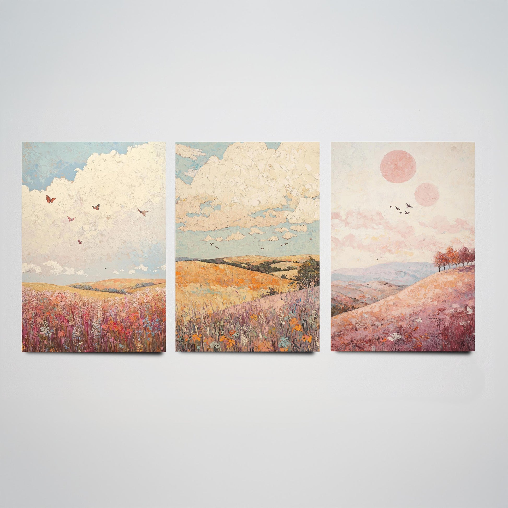 Rolling Hills Butterfly Set of Three Art Prints - Topaz Mauve and Cloud - Folk Meadow Poster Illustration Gift