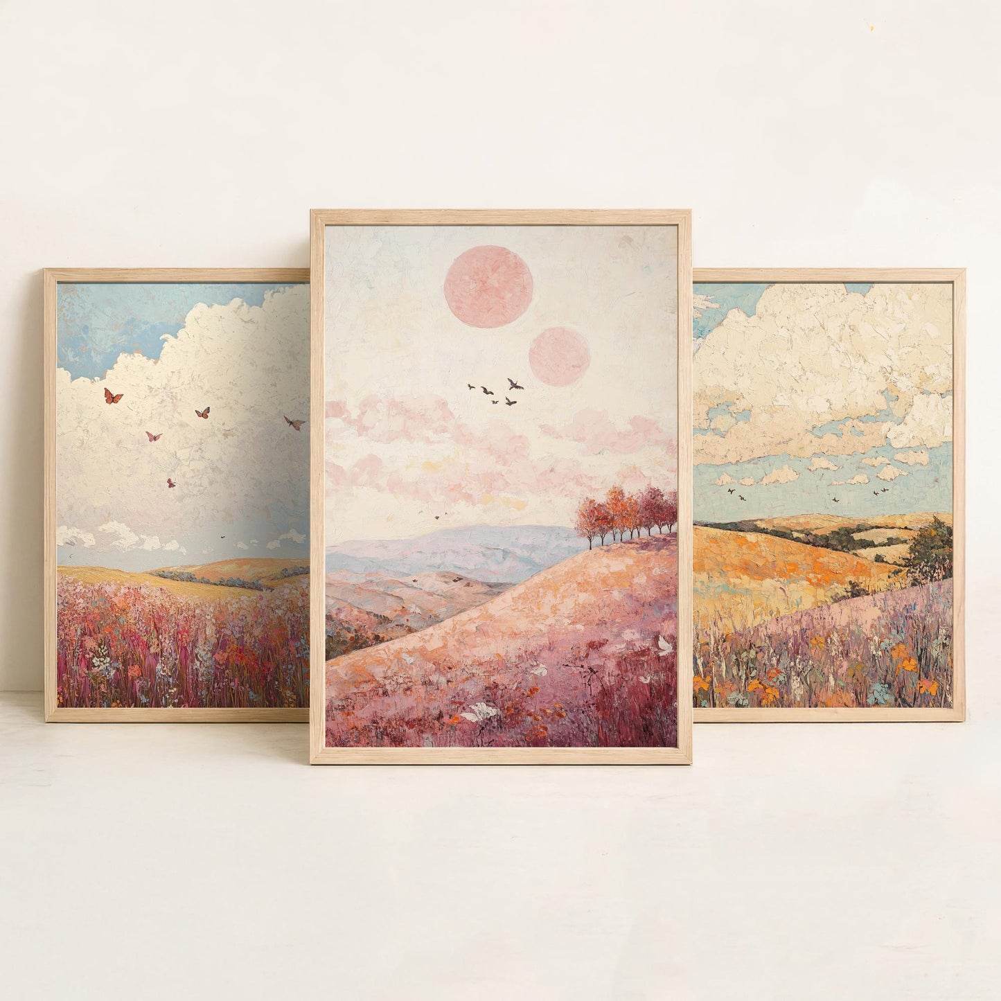 Rolling Hills Butterfly Set of Three Art Prints - Topaz Mauve and Cloud - Folk Meadow Poster Illustration Gift