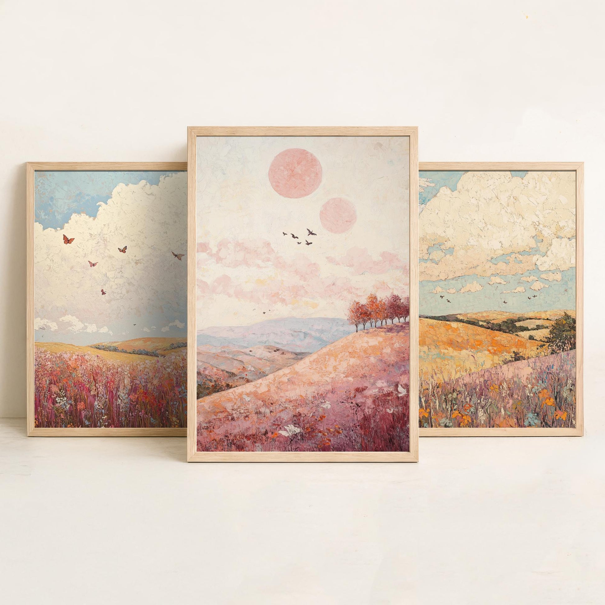 Rolling Hills Butterfly Set of Three Art Prints - Topaz Mauve and Cloud - Folk Meadow Poster Illustration Gift