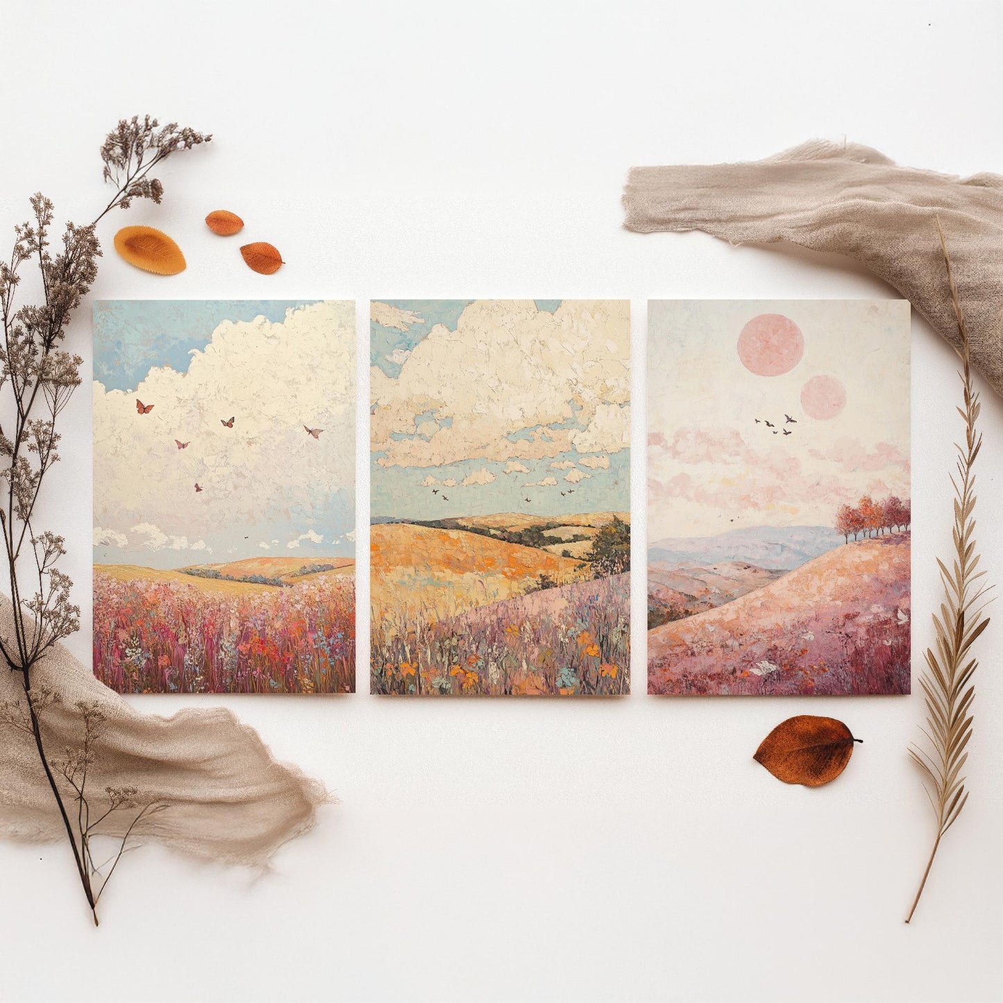 Rolling Hills Butterfly Set of Three Art Prints - Topaz Mauve and Cloud - Folk Meadow Poster Illustration Gift