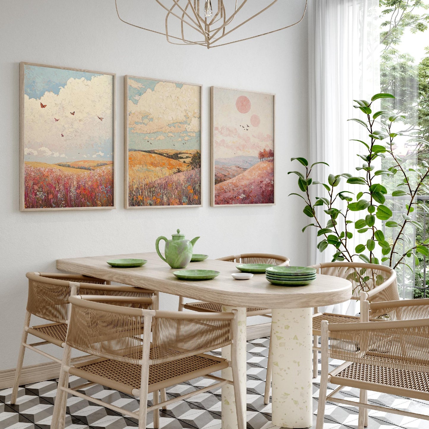 Rolling Hills Butterfly Set of Three Art Prints - Topaz Mauve and Cloud - Folk Meadow Poster Illustration Gift