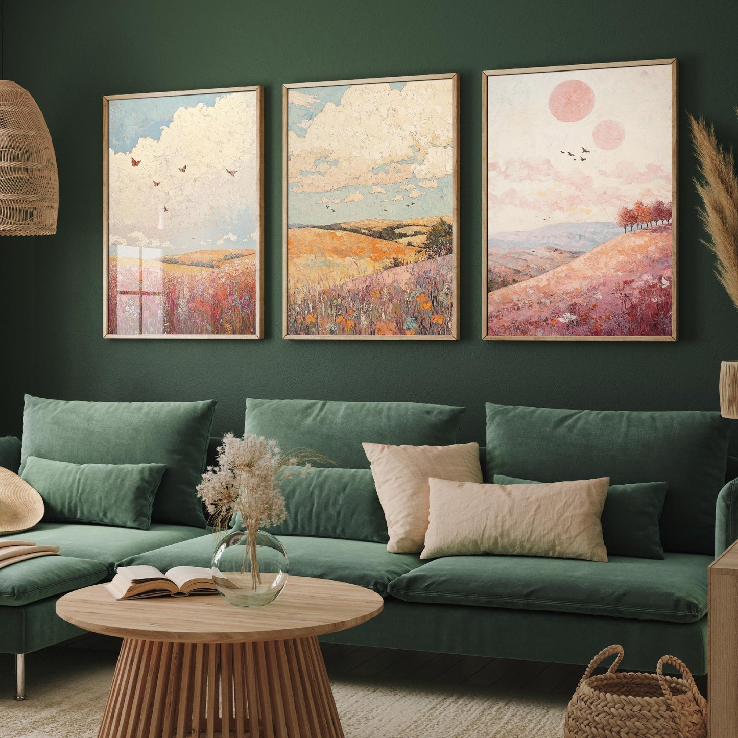 Rolling Hills Butterfly Set of Three Art Prints - Topaz Mauve and Cloud - Folk Meadow Poster Illustration Gift