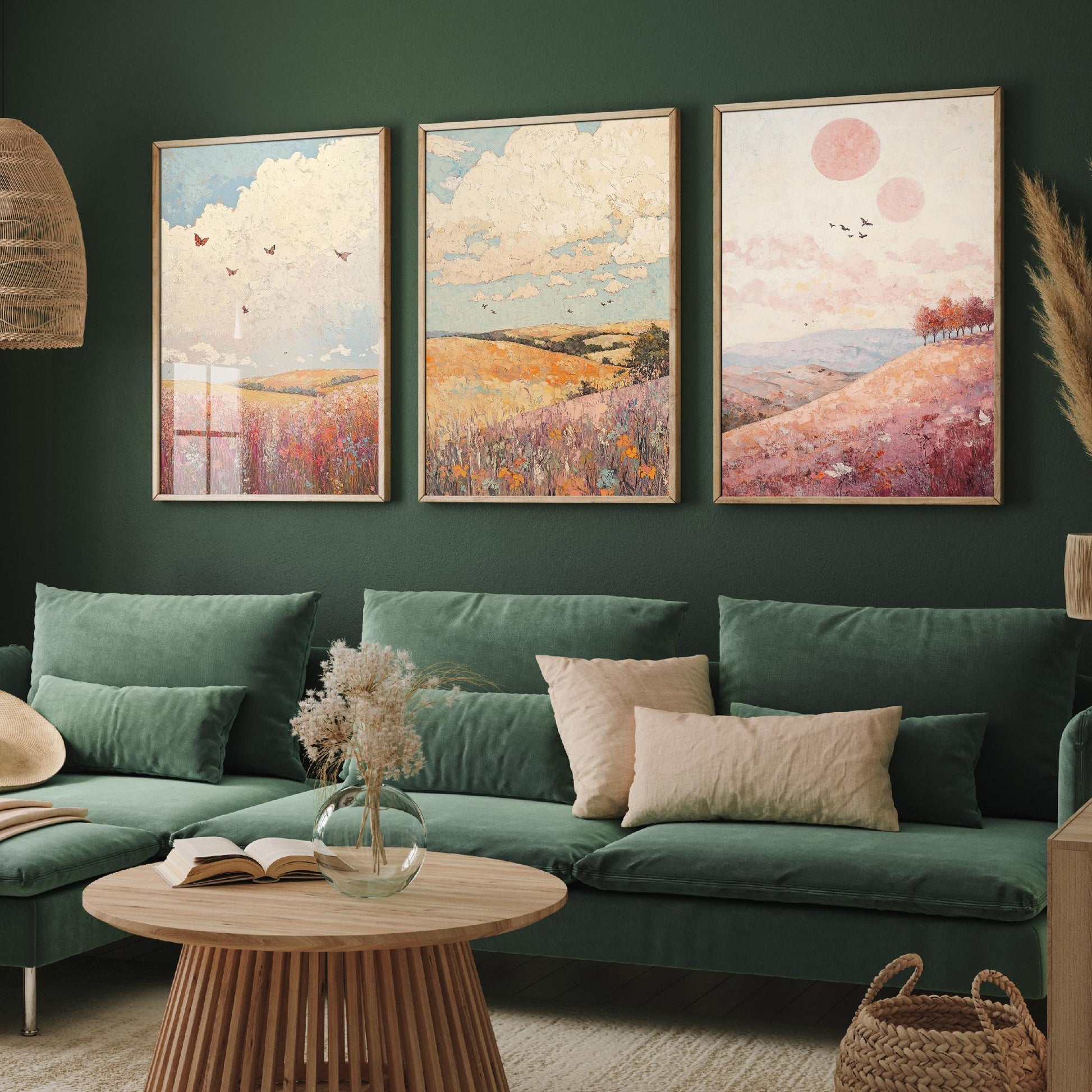 Rolling Hills Butterfly Set of Three Art Prints - Topaz Mauve and Cloud - Folk Meadow Poster Illustration Gift