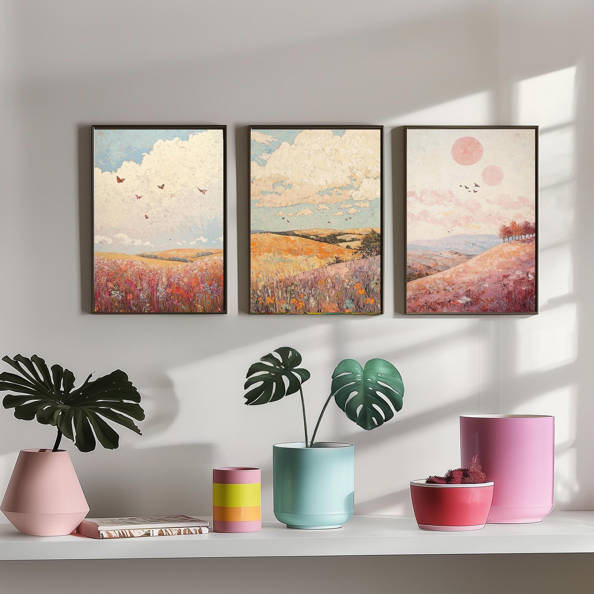 Rolling Hills Butterfly Set of Three Art Prints - Topaz Mauve and Cloud - Folk Meadow Poster Illustration Gift