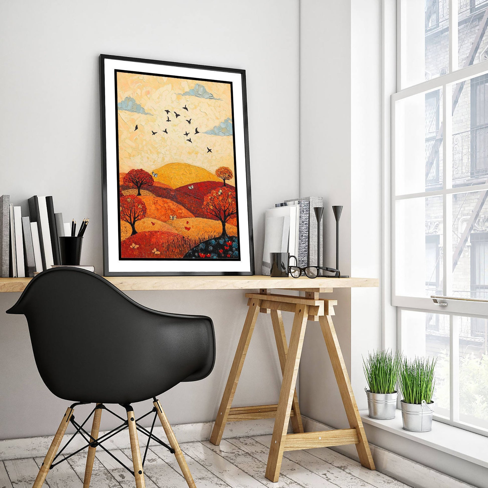 Rolling Hills Landscape Art Print - Butterfly Meadow Poster - Folk Art Painting - Vermilion Slate and Pearl 1/3
