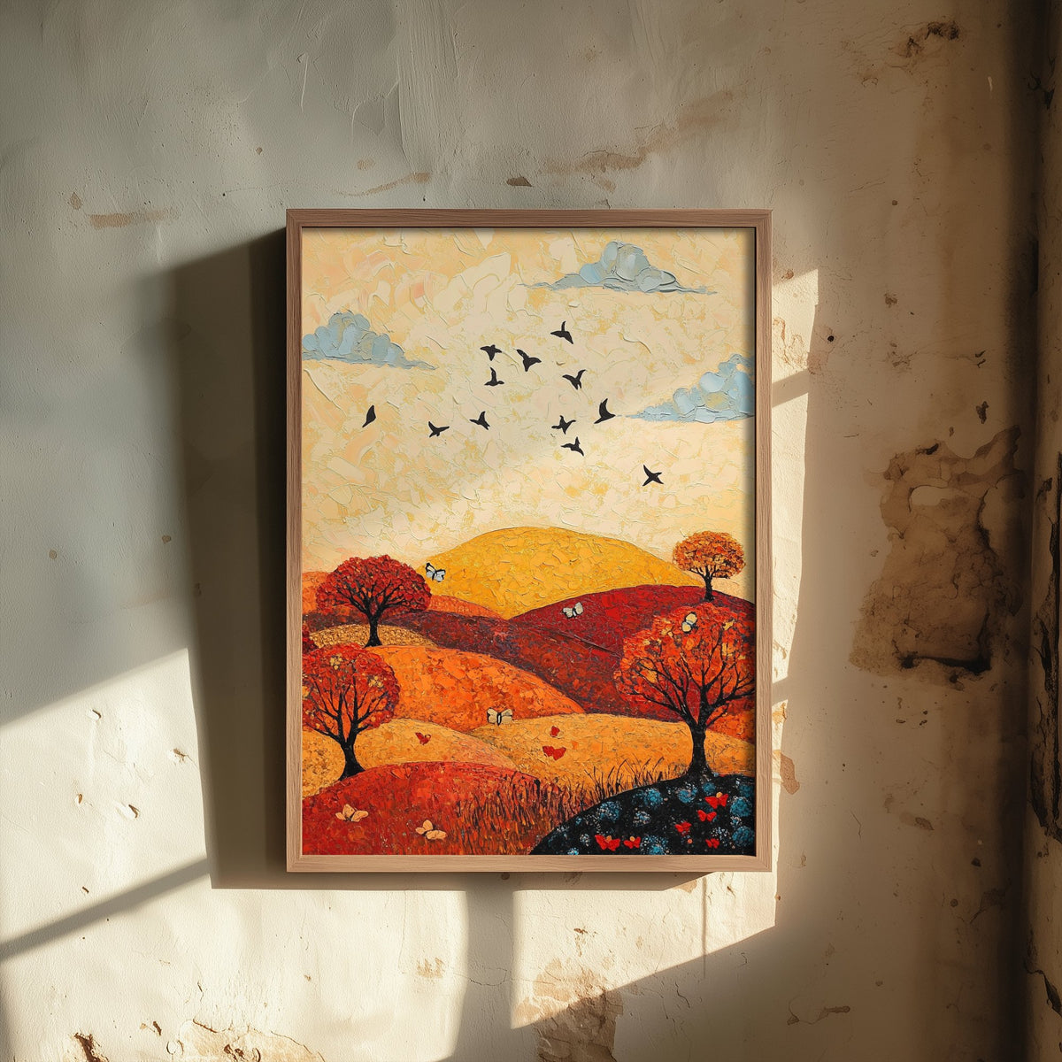 Rolling Hills Landscape Art Print - Butterfly Meadow Poster - Folk Art Painting - Vermilion Slate and Pearl 1/3