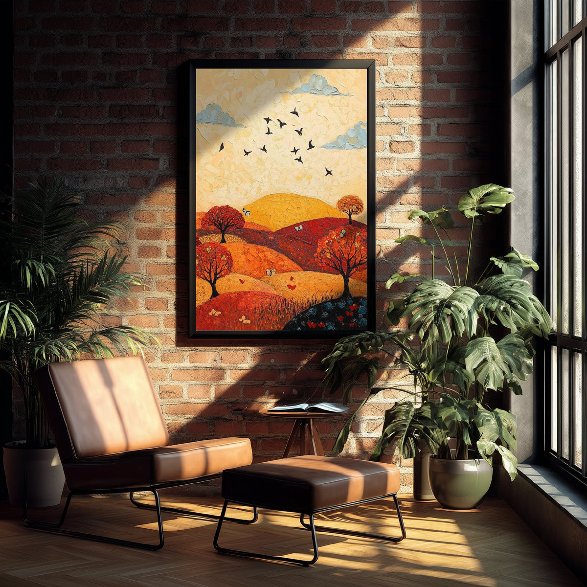 Rolling Hills Landscape Art Print - Butterfly Meadow Poster - Folk Art Painting - Vermilion Slate and Pearl 1/3