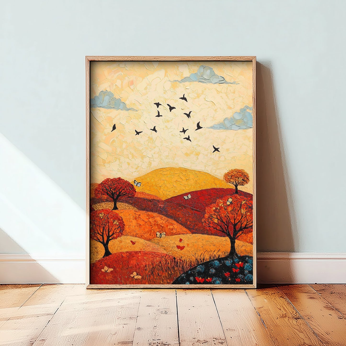 Rolling Hills Landscape Art Print - Butterfly Meadow Poster - Folk Art Painting - Vermilion Slate and Pearl 1/3