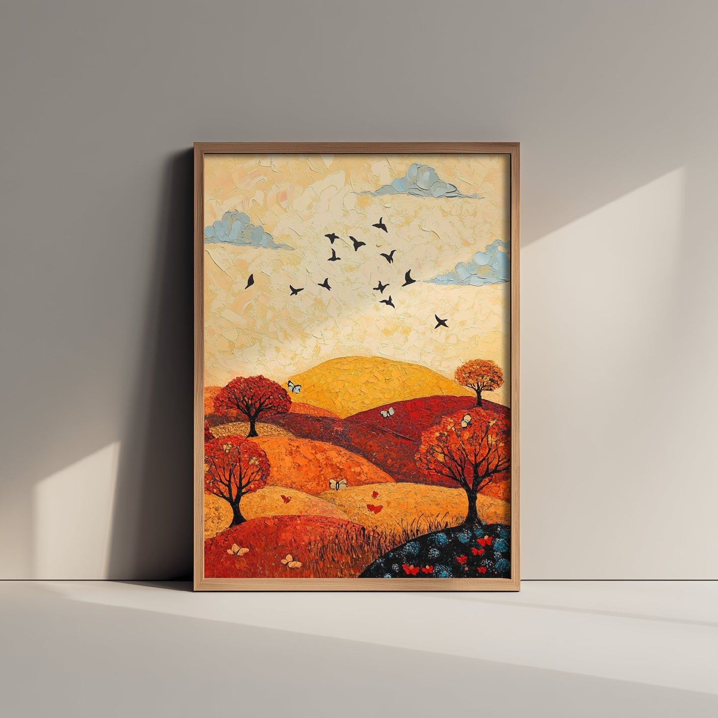 Rolling Hills Landscape Art Print - Butterfly Meadow Poster - Folk Art Painting - Vermilion Slate and Pearl 1/3