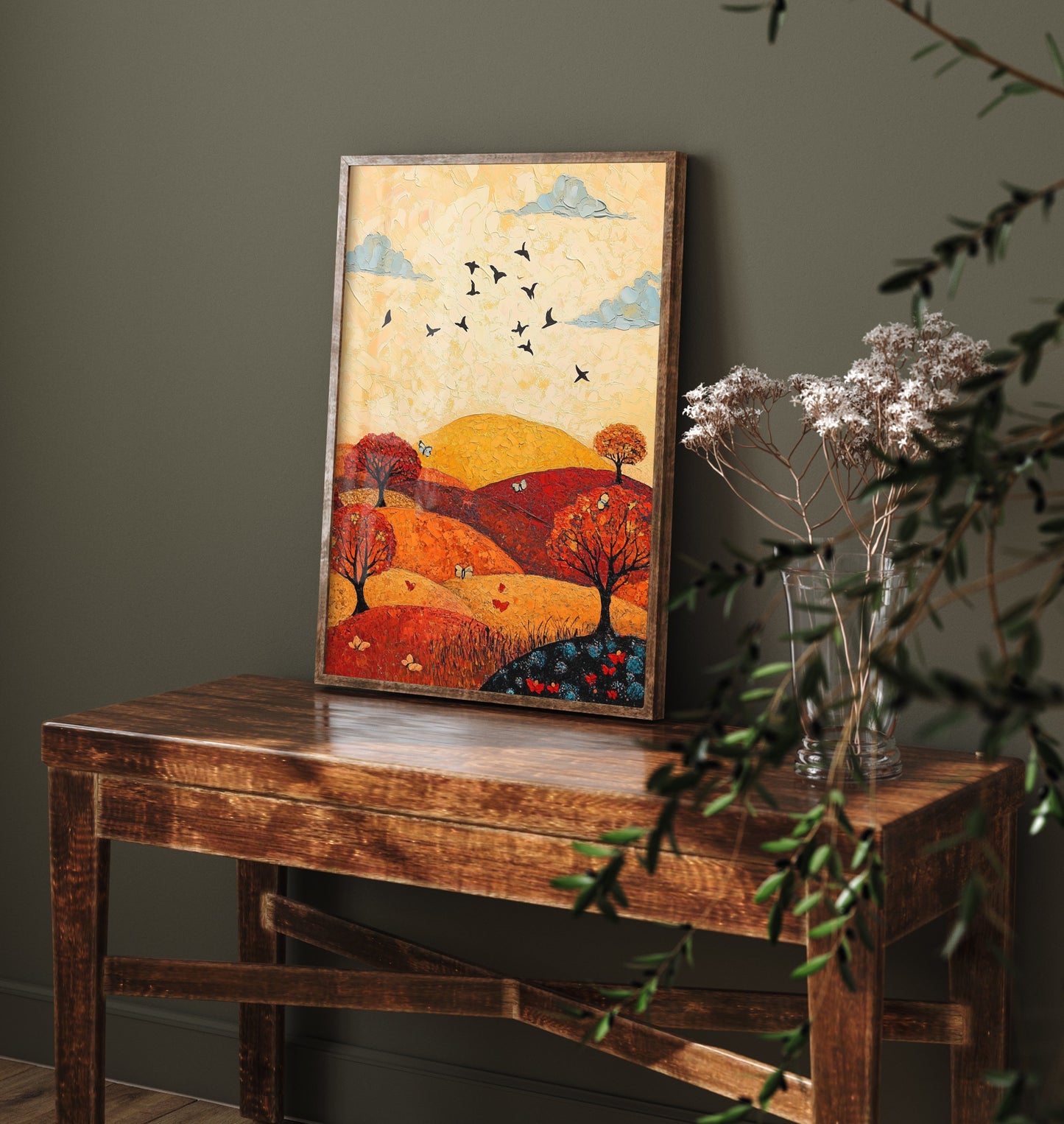 Rolling Hills Landscape Art Print - Butterfly Meadow Poster - Folk Art Painting - Vermilion Slate and Pearl 1/3