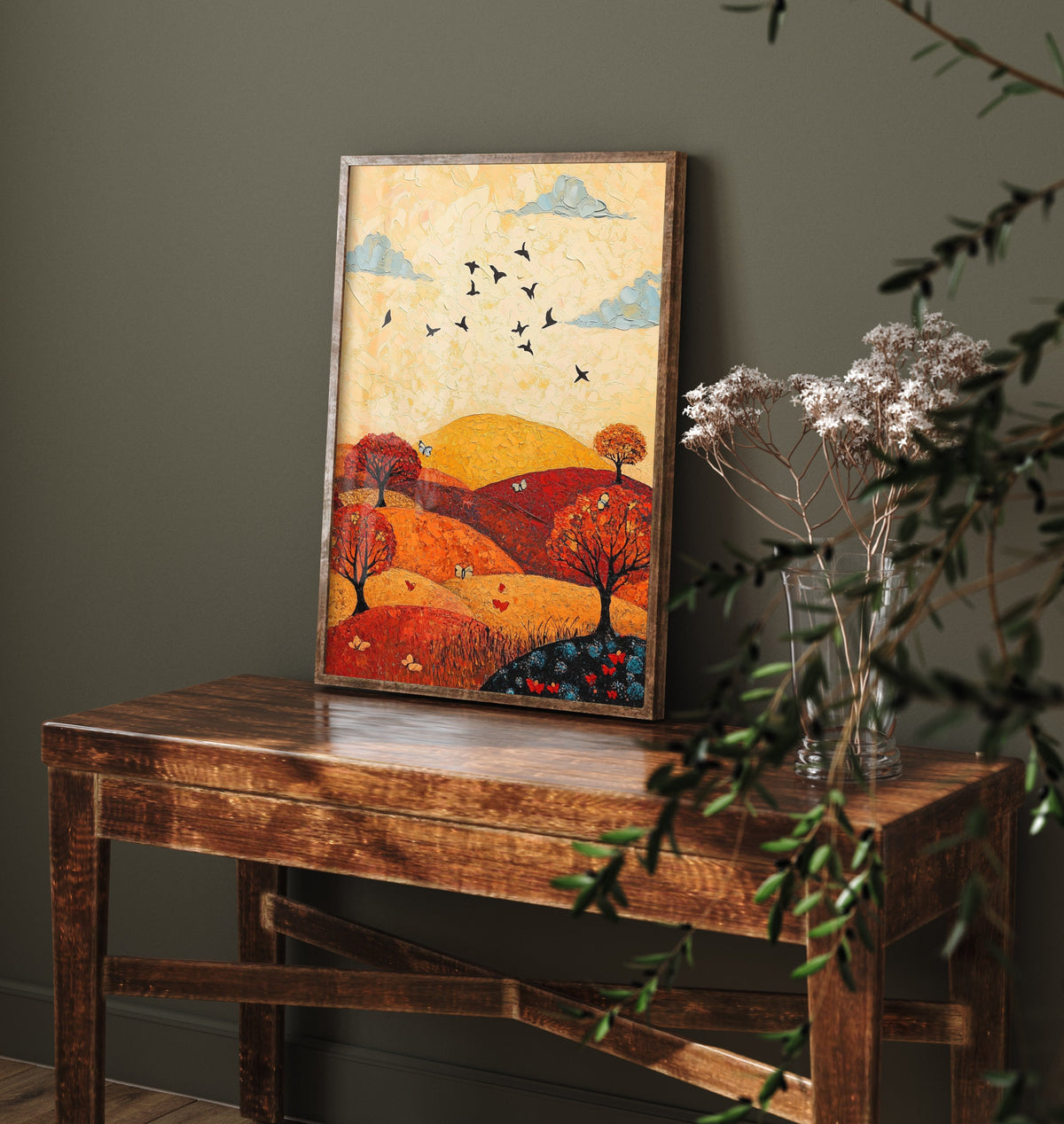 Rolling Hills Landscape Art Print - Butterfly Meadow Poster - Folk Art Painting - Vermilion Slate and Pearl 1/3