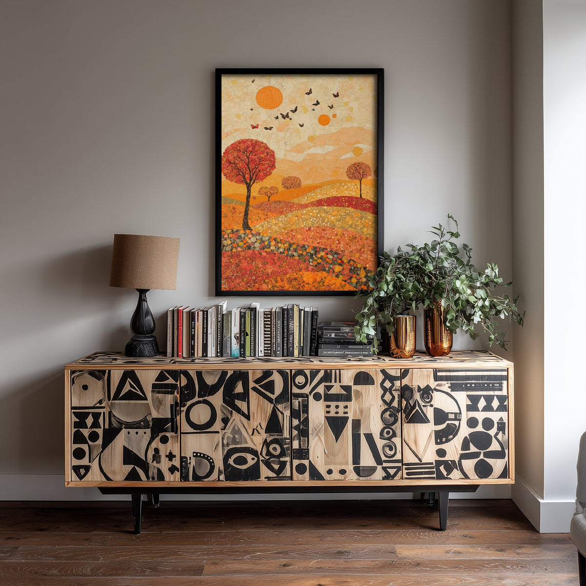 Rolling Hills Landscape Art Print - Butterfly Meadow Poster - Folk Art Painting - Vermilion Slate and Pearl 2/3